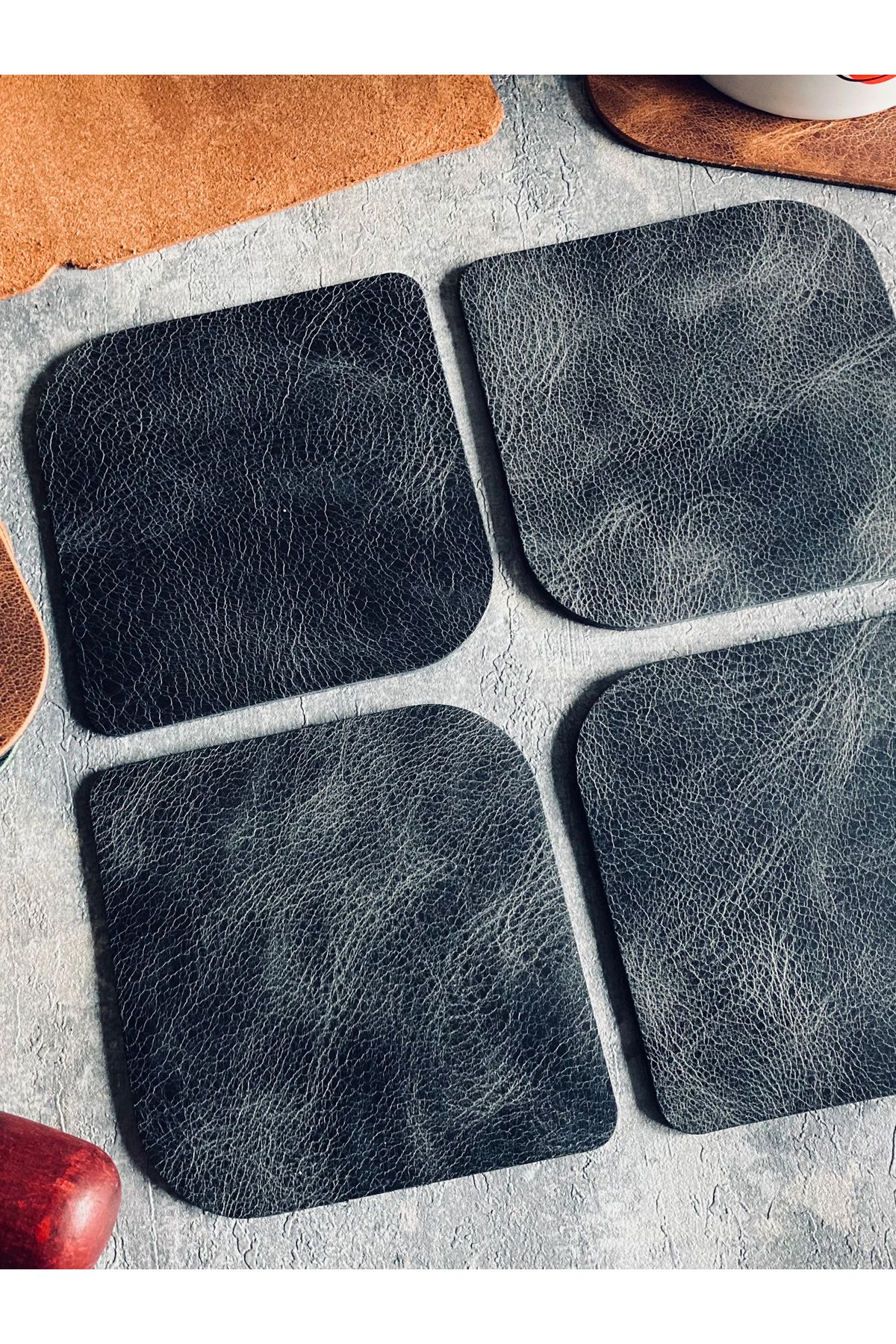 Set of 4 Genuine Leather Oval Coasters | Bretya Leather - Anthracite