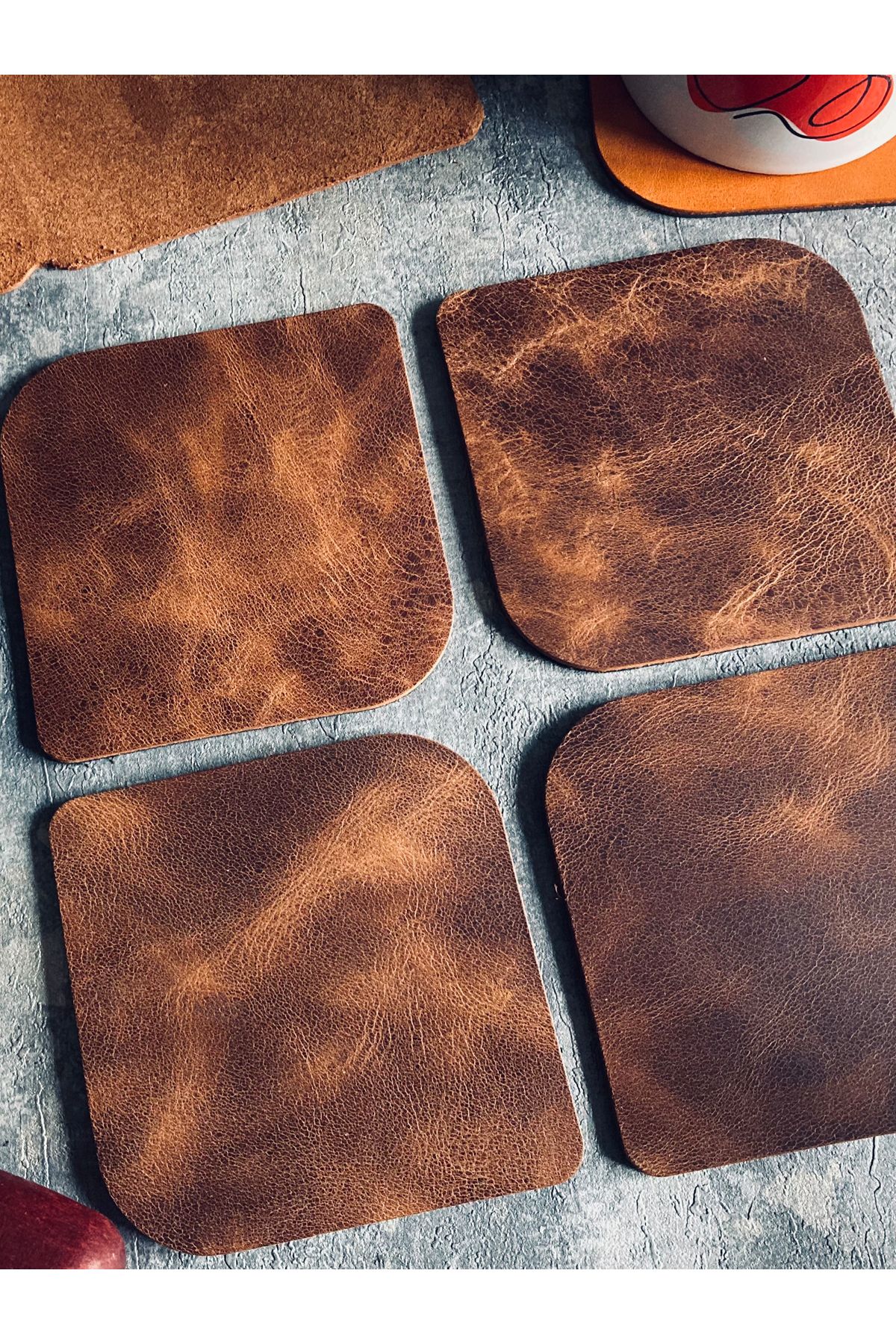 Set of 4 Genuine Leather Oval Coasters | Bretya Leather - Tan