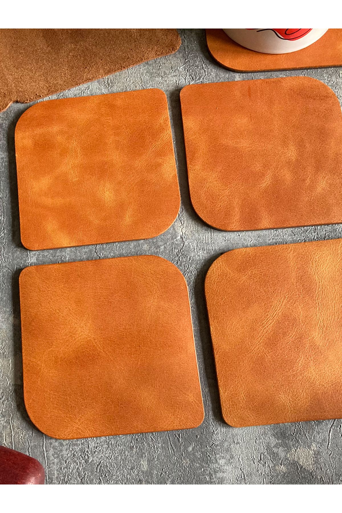 Set of 4 Genuine Leather Oval Coasters | Bretya Leather - Camel