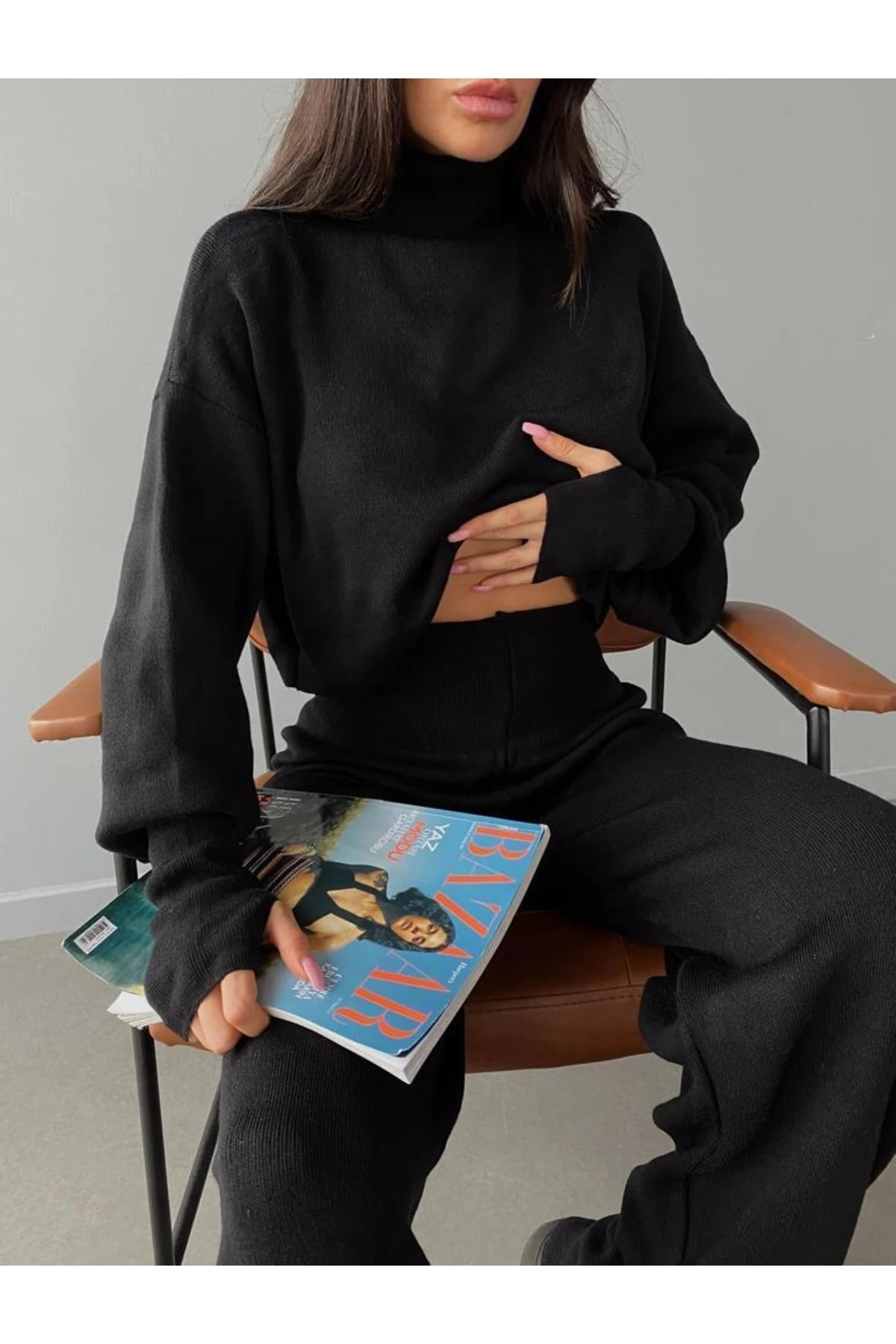 Mooi Butik Balıkçı Yaka Parmak Geçirmeli Alt Üst Sartre Takım 2978 Siyah