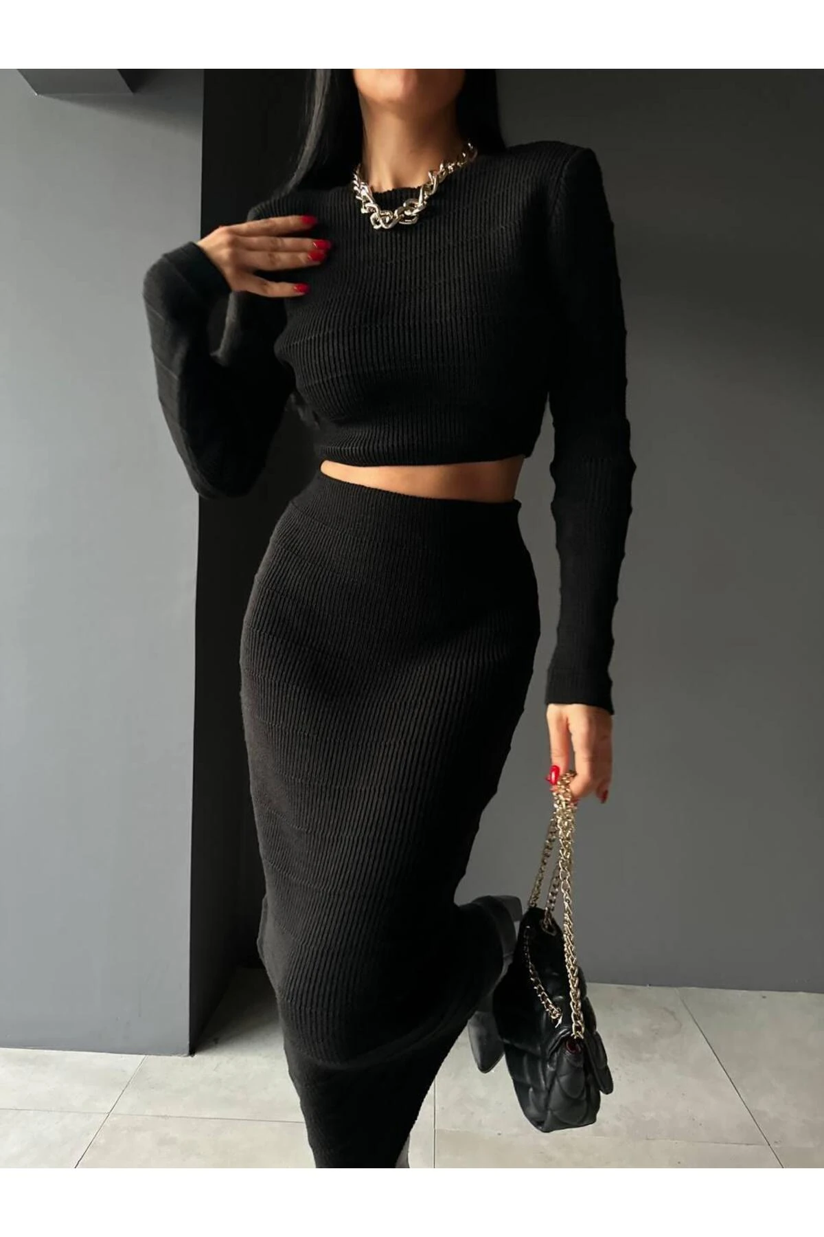 DGN'S ''SWE COLLECTION'' KADIN GOFRA&CROP DETAYLI 2'Lİ KAZAK-ETEK TAKIM