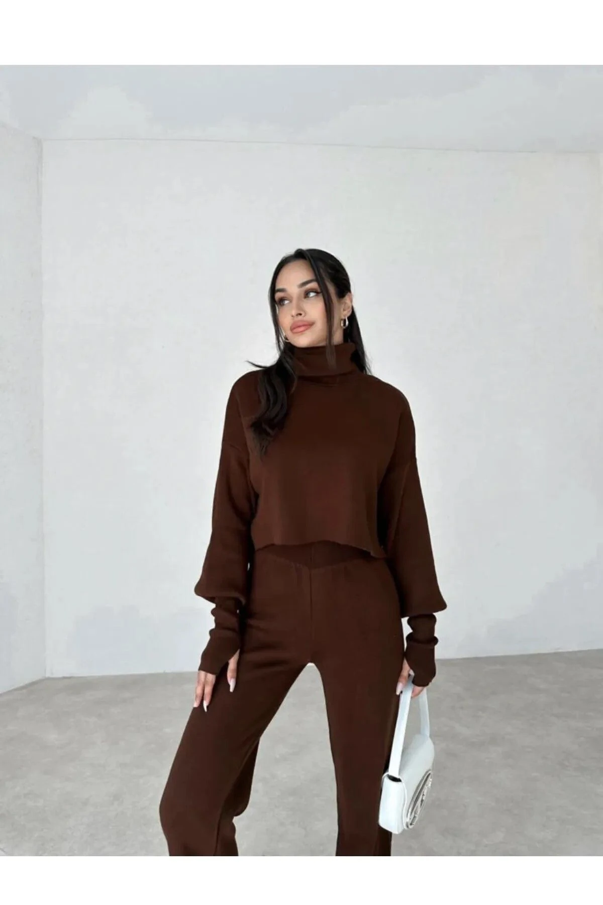 Beyaz Parmak Geçmeli Yüksek Bel Triko Alt Üst Takım