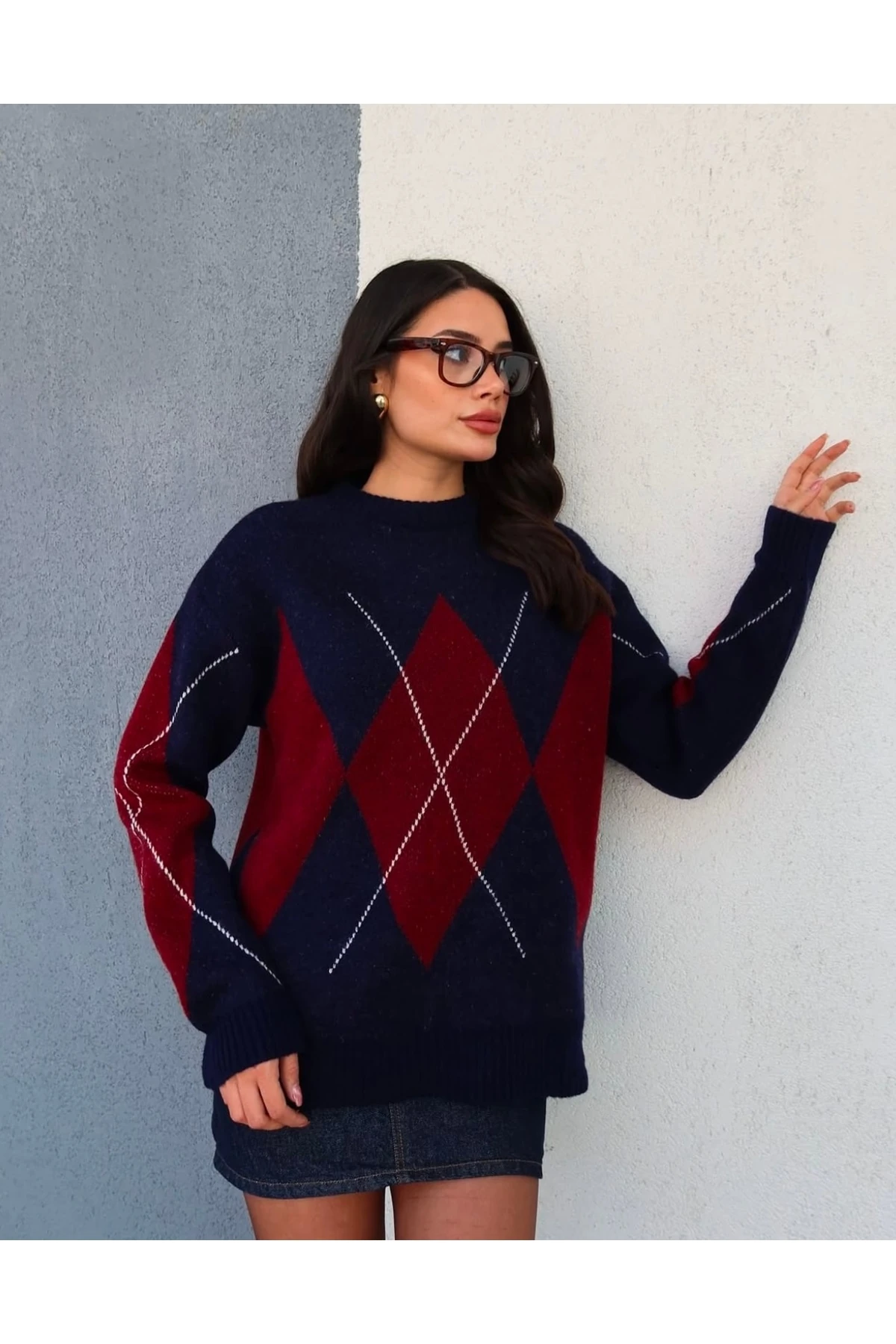 Lacivert Baklava Desen Oversize Triko Kazak