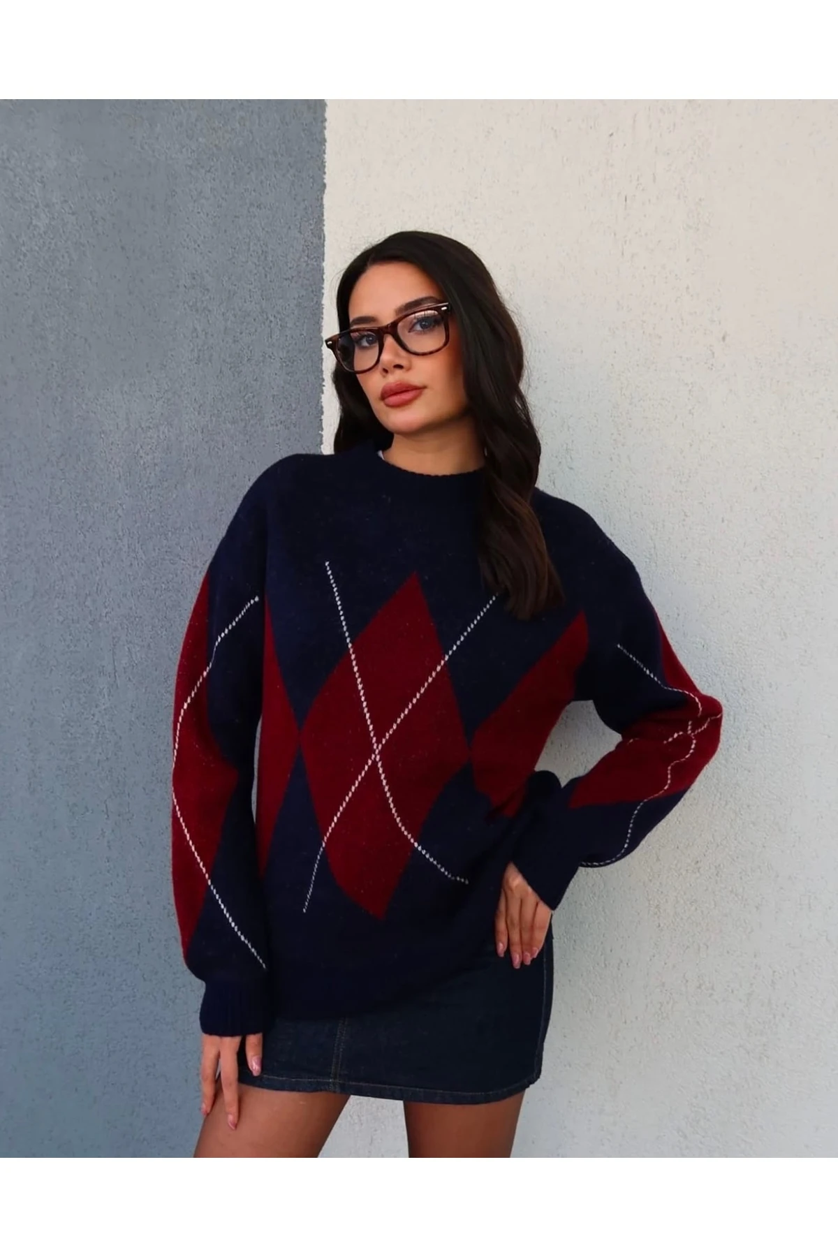 Lacivert Baklava Desen Oversize Triko Kazak