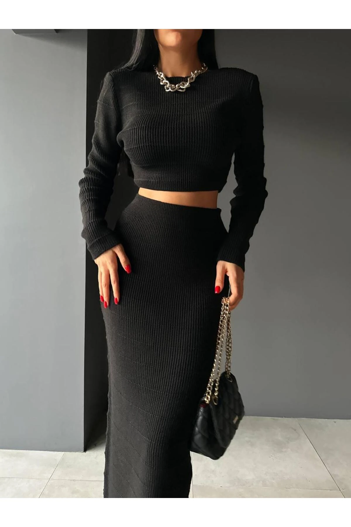 DGN'S ''SWE COLLECTION'' KADIN GOFRA&CROP DETAYLI 2'Lİ KAZAK-ETEK TAKIM