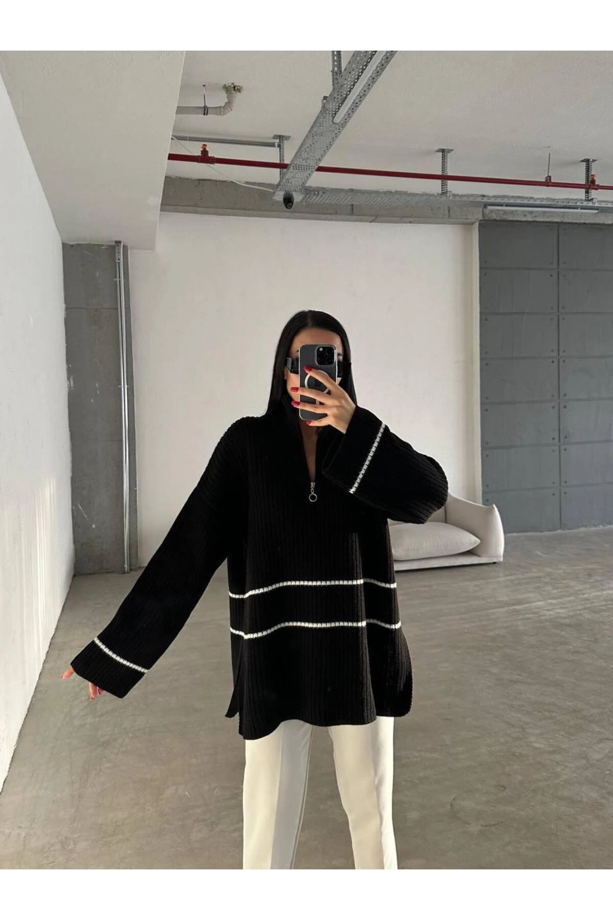 DGN'S ÇİZGİLİ&YIRTMAÇLI KADIN TESETTÜR KAZAK