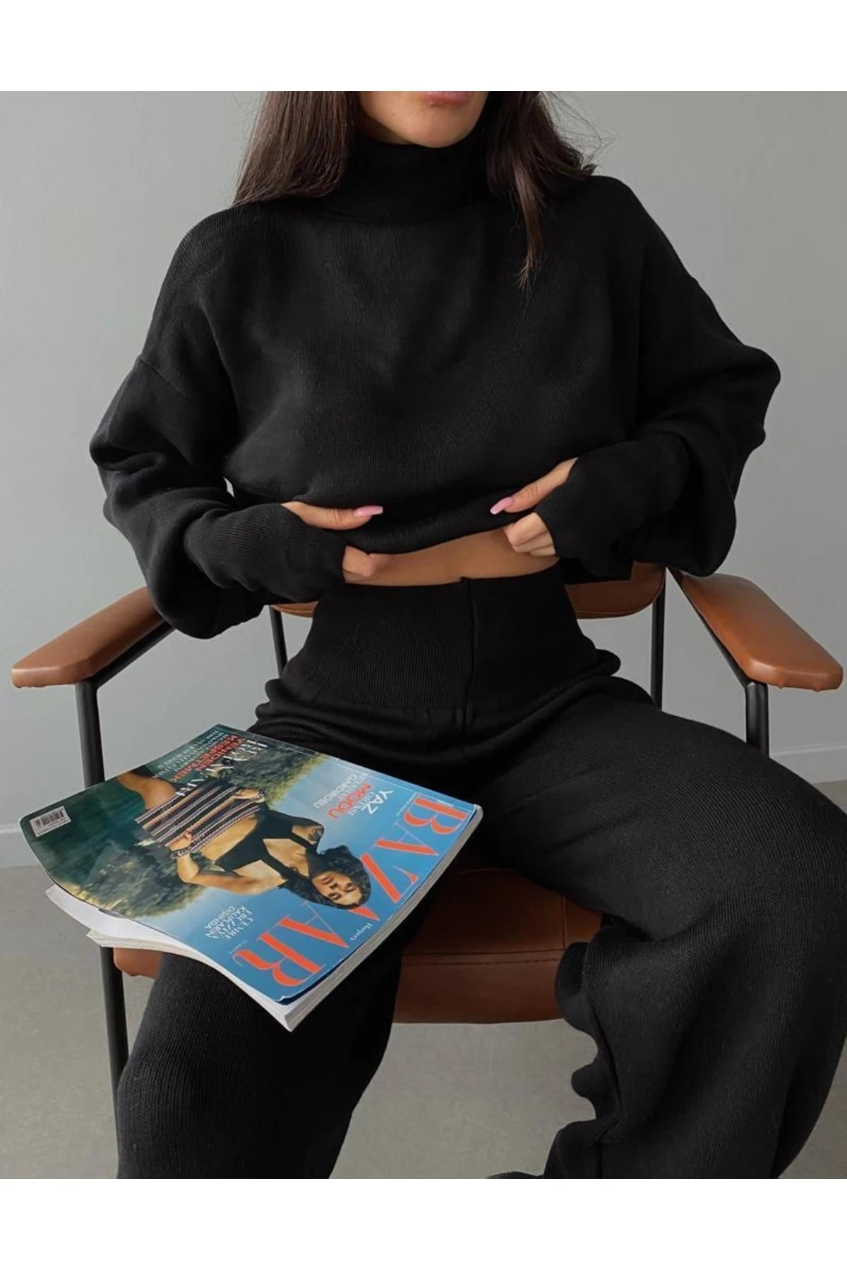 Mooi Butik Balıkçı Yaka Parmak Geçirmeli Alt Üst Sartre Takım 2978 Siyah