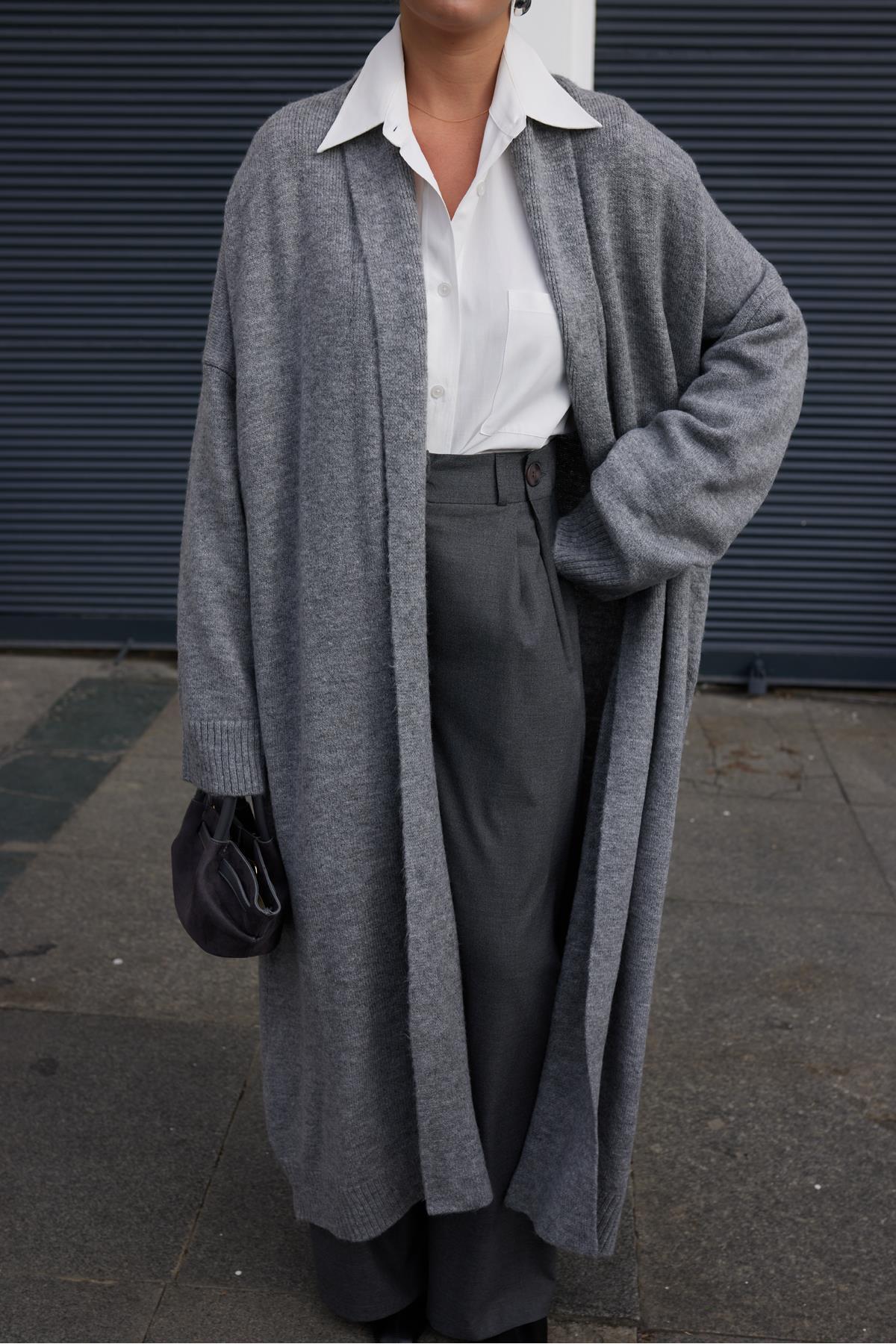 Acı Kahve Şal Yaka Uzun Hırka - gri