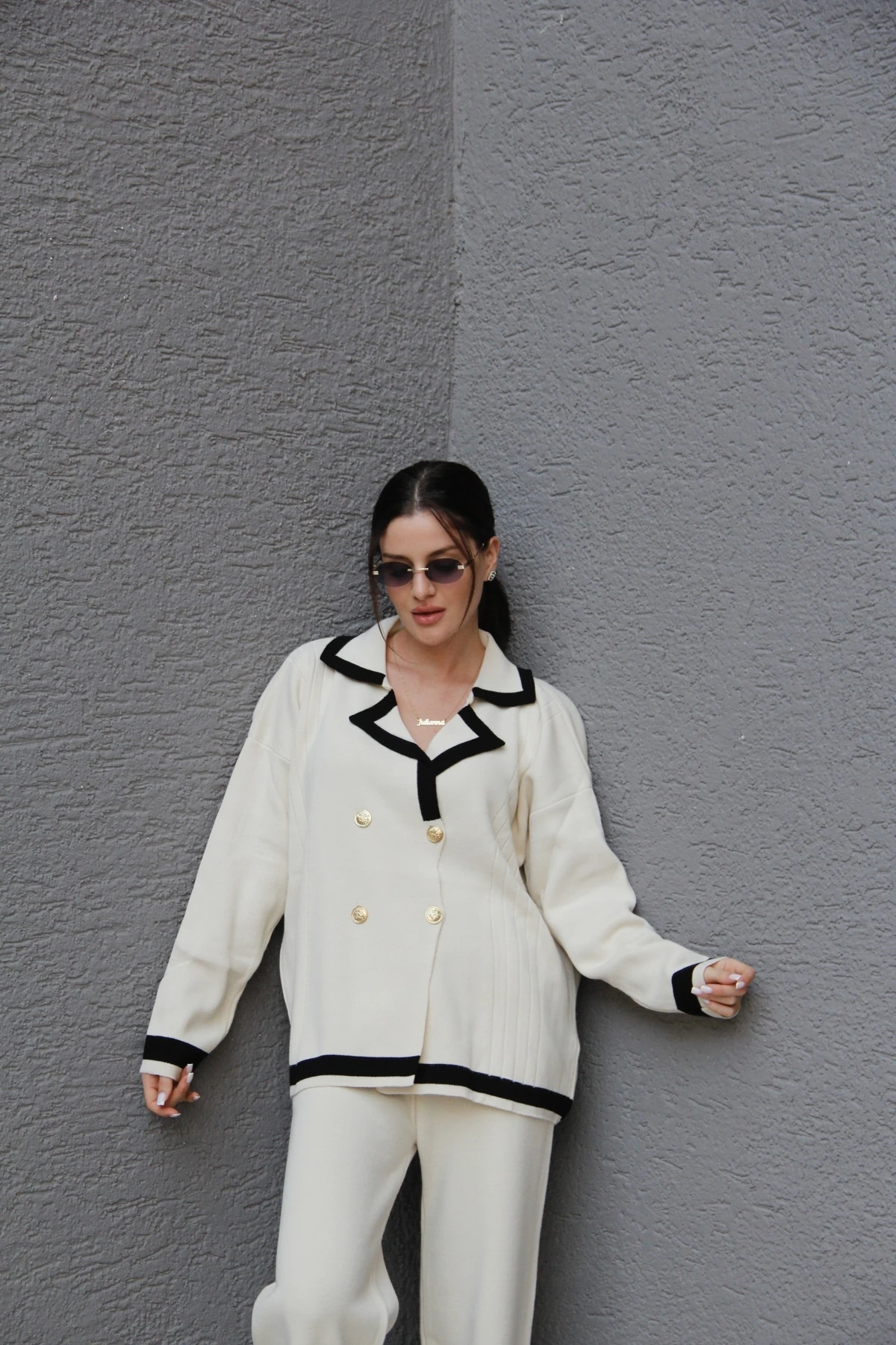 Standart Beden(Oversize) Gold Dört Düğmeli Kruvaze Hırka Pantolon Akrilik Triko Takım