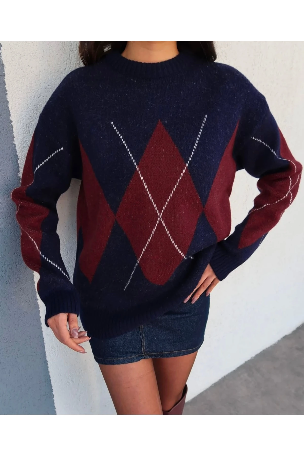 Lacivert Baklava Desen Oversize Triko Kazak