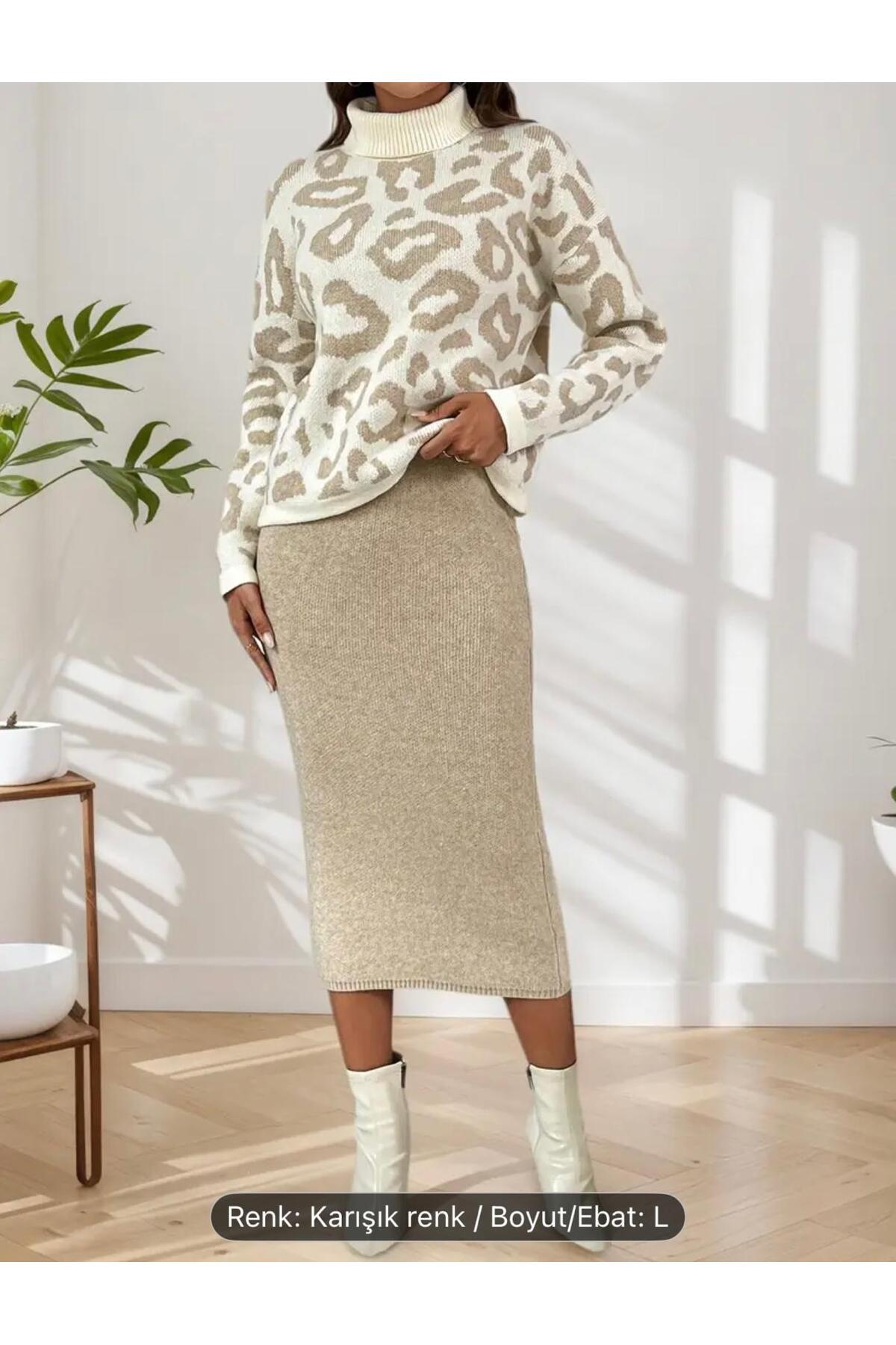 Benekli̇ Tam Balikçi Etek-kazak Kadin Tri̇ko 2'li̇ Takim