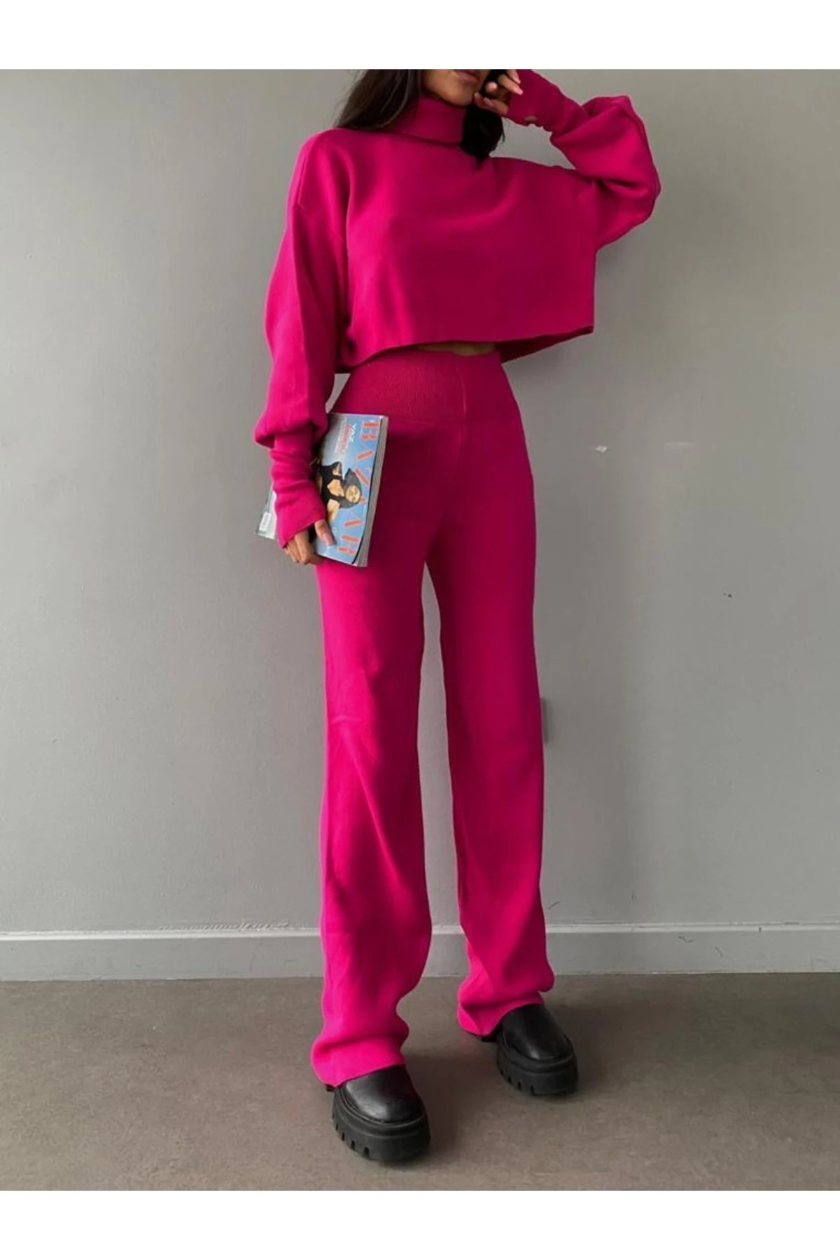 Mooi Butik Balıkçı Yaka Parmak Geçirmeli Alt-Üst Sartre Takım 2978 - Fuşya