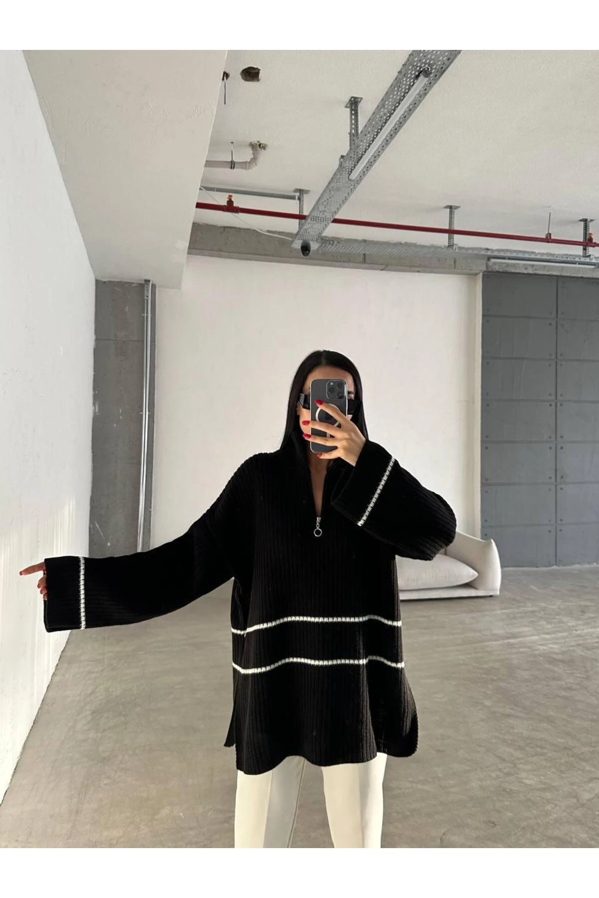 DGN'S ÇİZGİLİ&YIRTMAÇLI KADIN TESETTÜR KAZAK