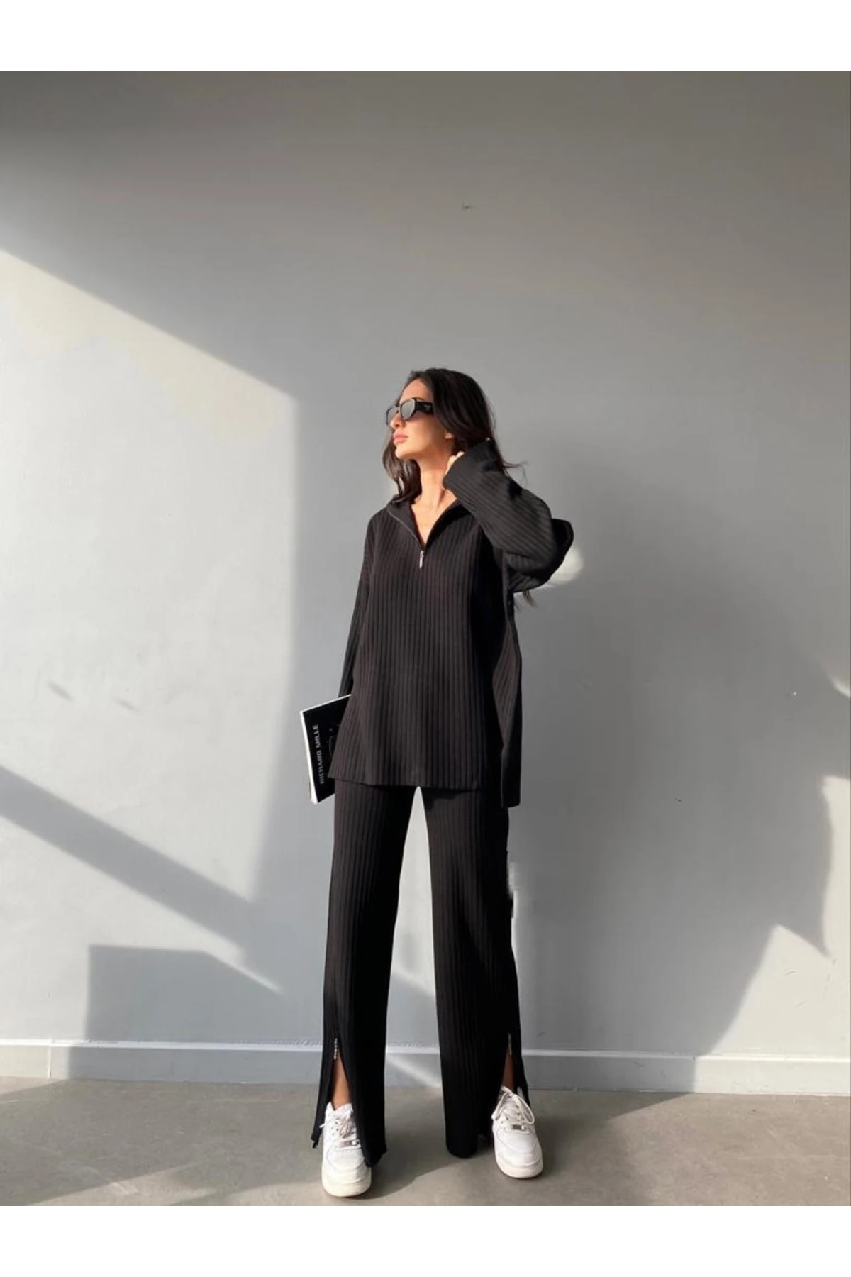 Mooi Butik Geniş Fitilli Önü Fermuarlı Paçası Yırtmaçlı Grasse Takım 8731 - Siyah