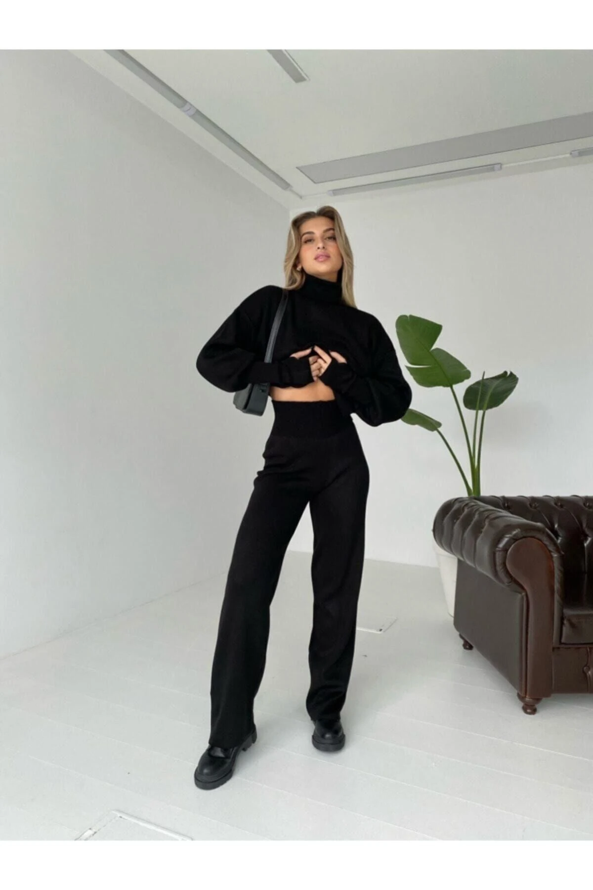 Beyaz Parmak Geçmeli Yüksek Bel Triko Alt Üst Takım