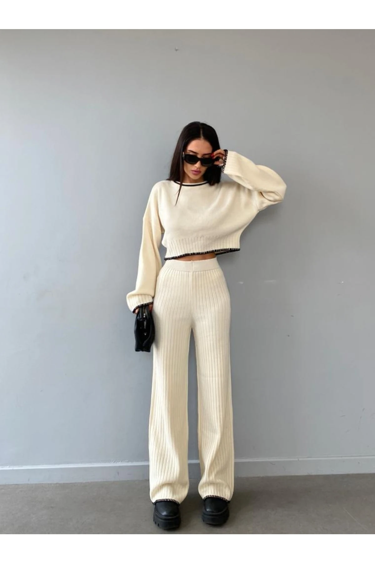 Mooi Butik El Işi Dikiş Detaylı Triko Agatha Takım 8193 - Ekru