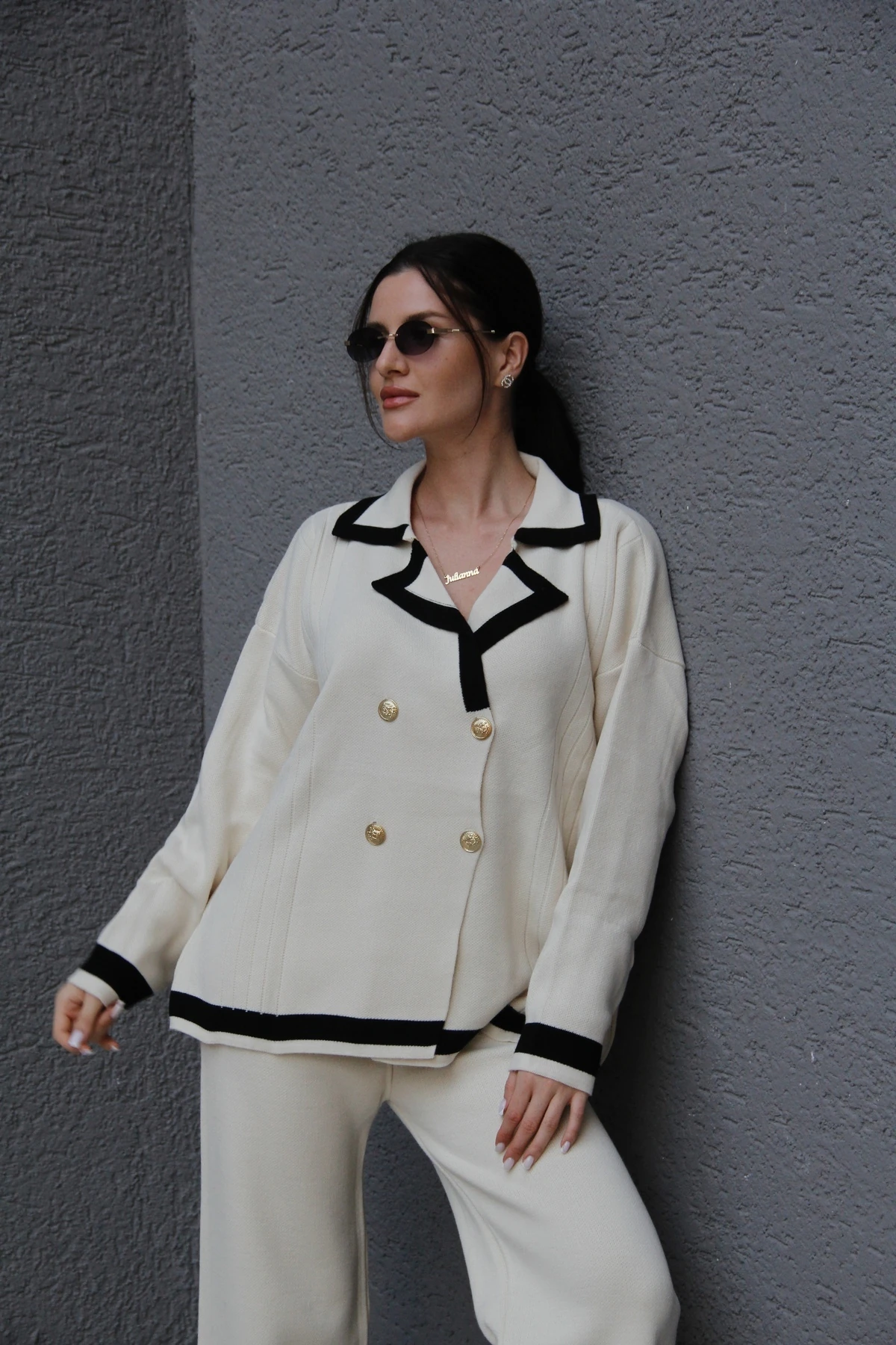 Standart Beden(Oversize) Gold Dört Düğmeli Kruvaze Hırka Pantolon Akrilik Triko Takım