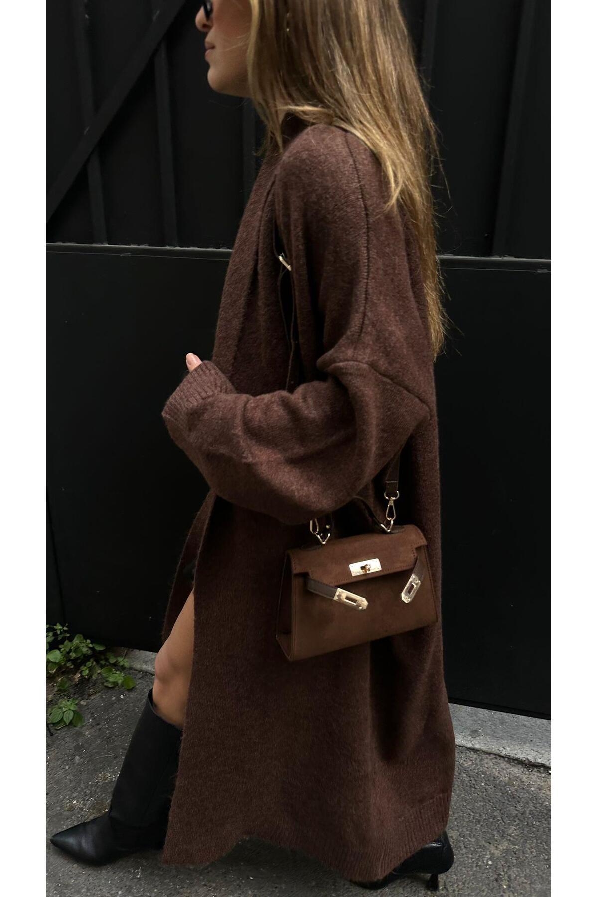 Acı Kahve Şal Yaka Uzun Hırka