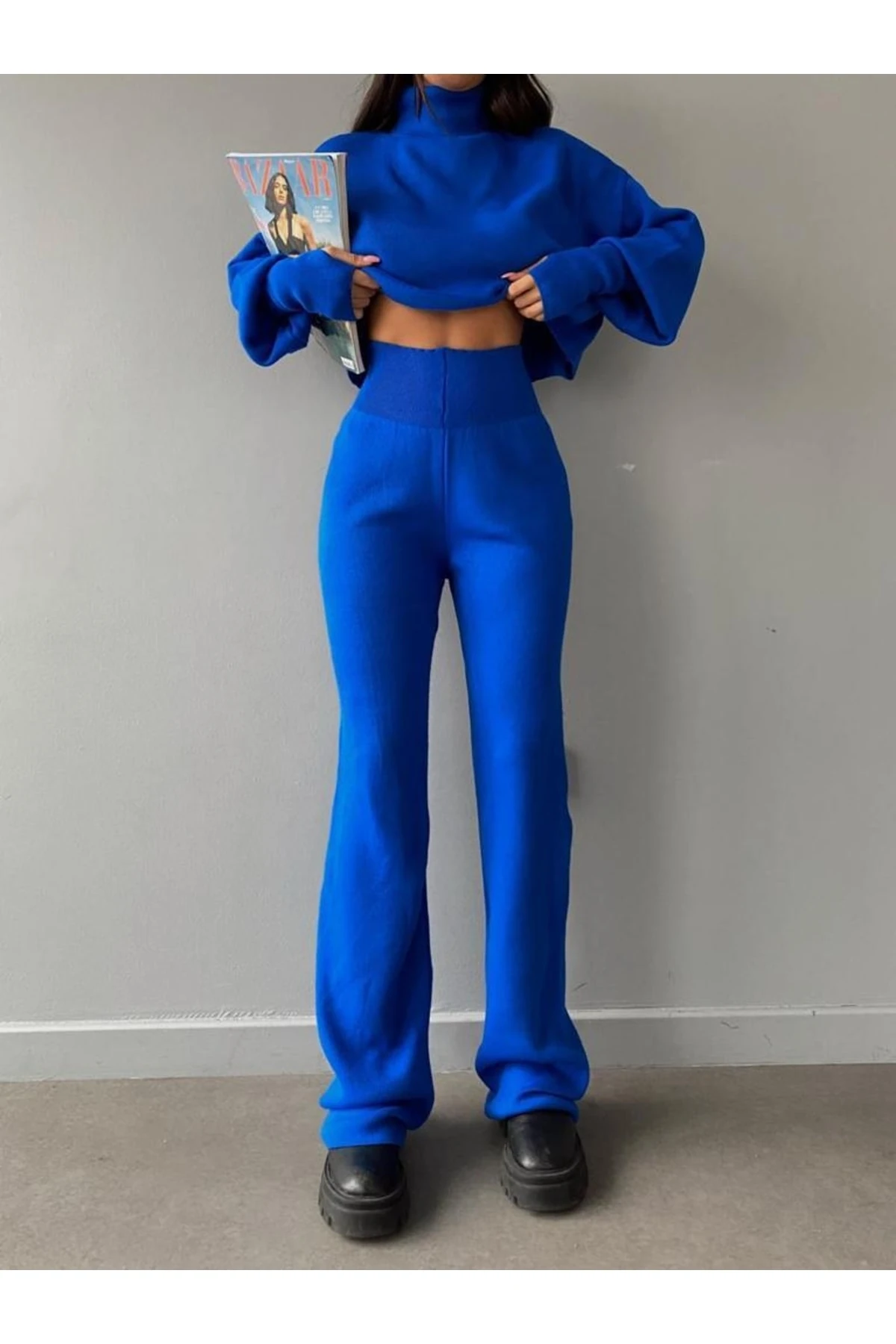 Mooi Butik Balıkçı Yaka Parmak Geçirmeli Alt-üst Sartre Takım 2978 - Mavi