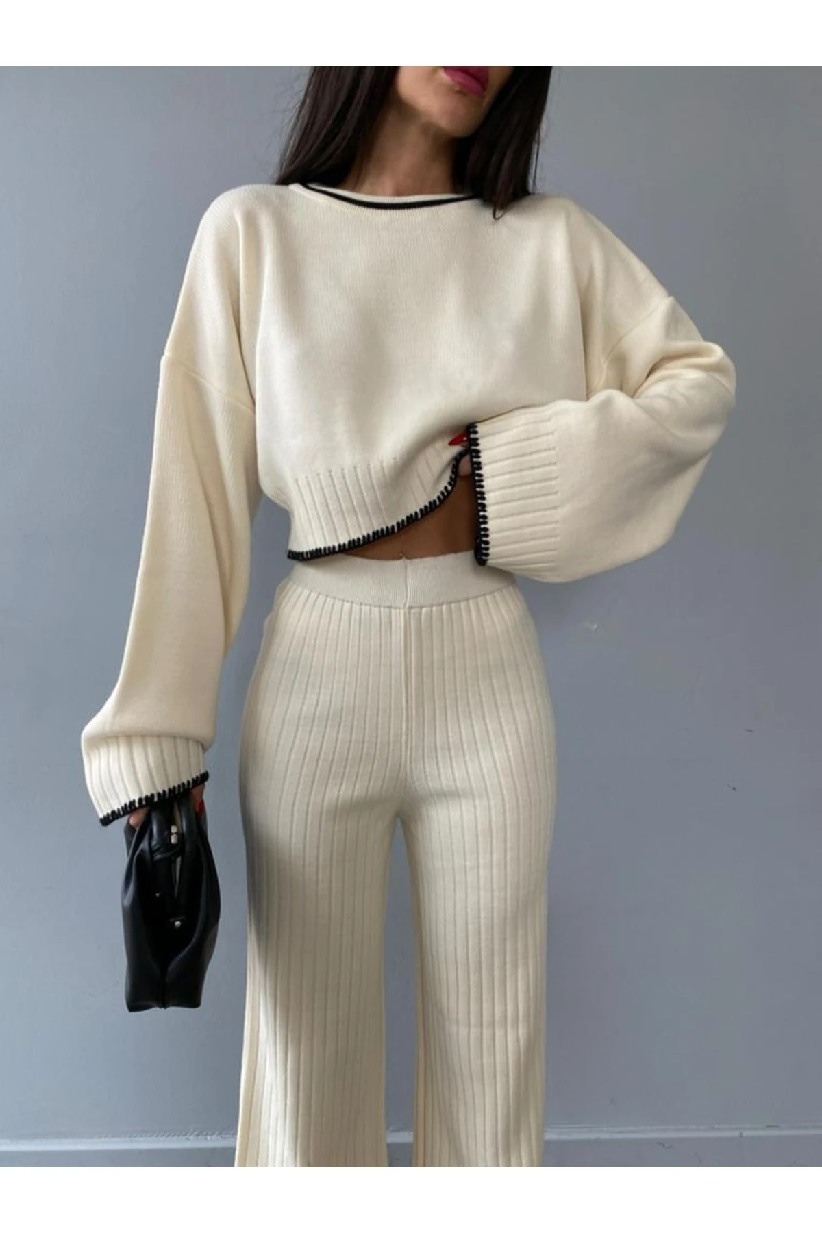 Mooi Butik El Işi Dikiş Detaylı Triko Agatha Takım 8193 - Ekru