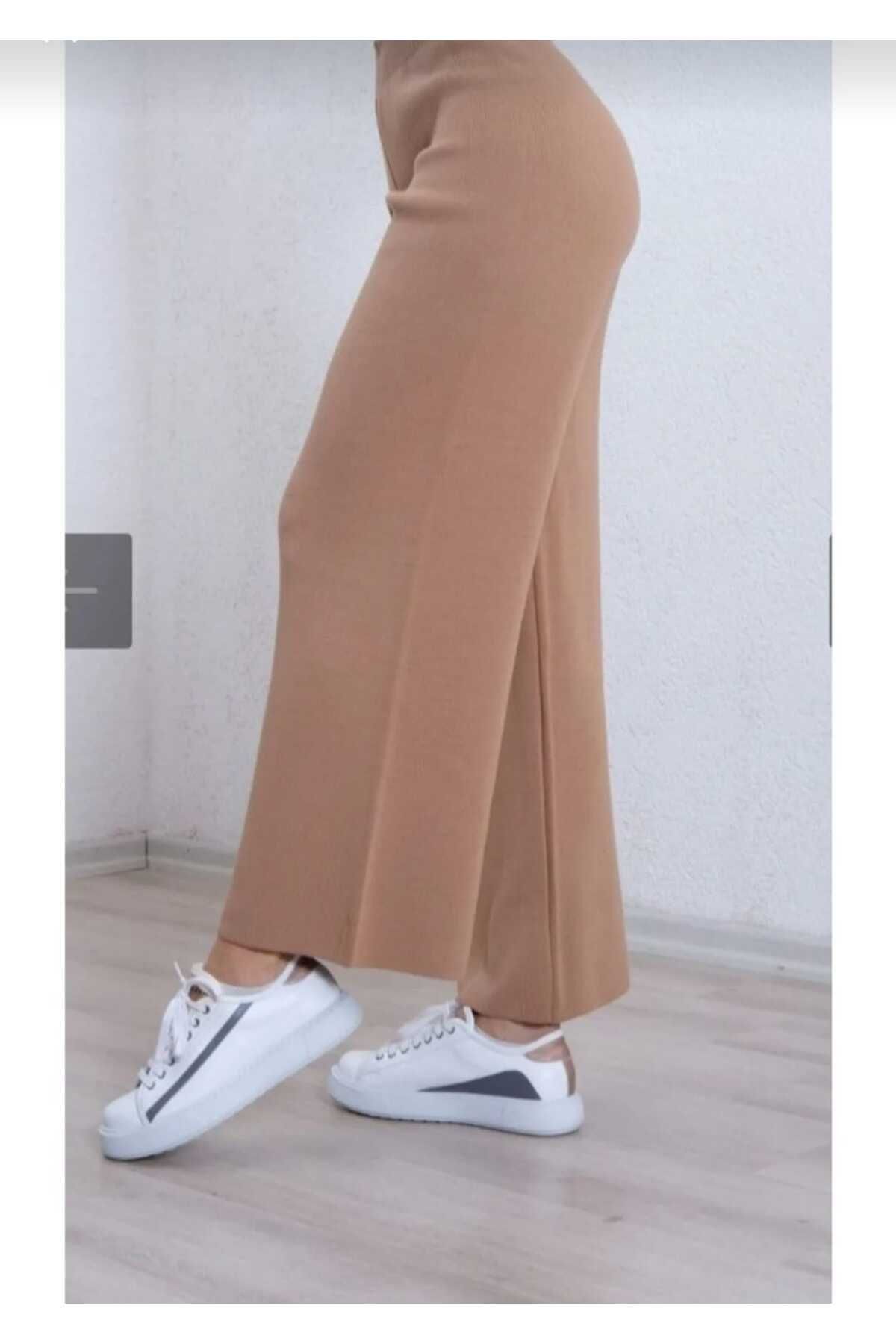 Kadın kışlık rahat kalıp bol paça comfort beli lastikli triko pantolon