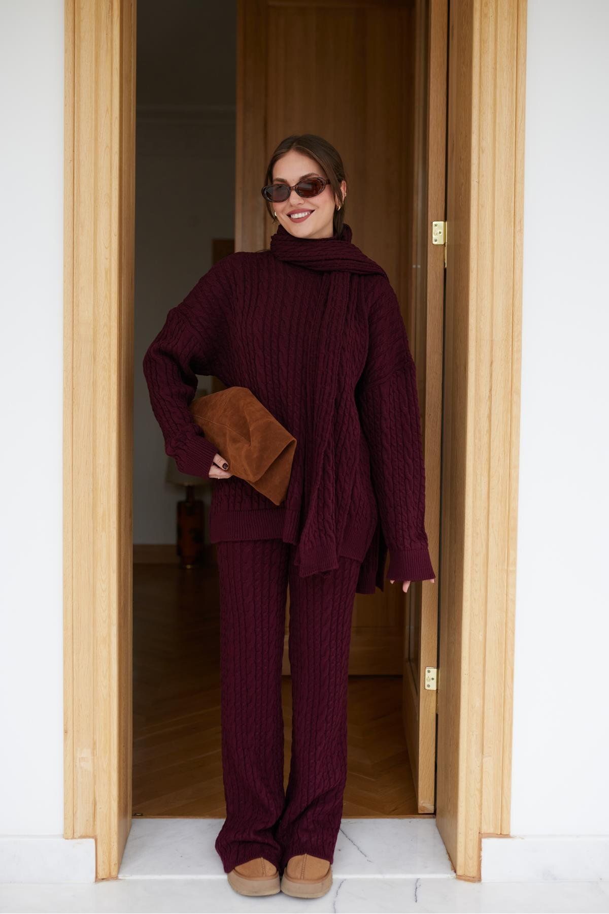 Aurane Bordo Atkılı Saç Örgülü Triko Pantolon Takım