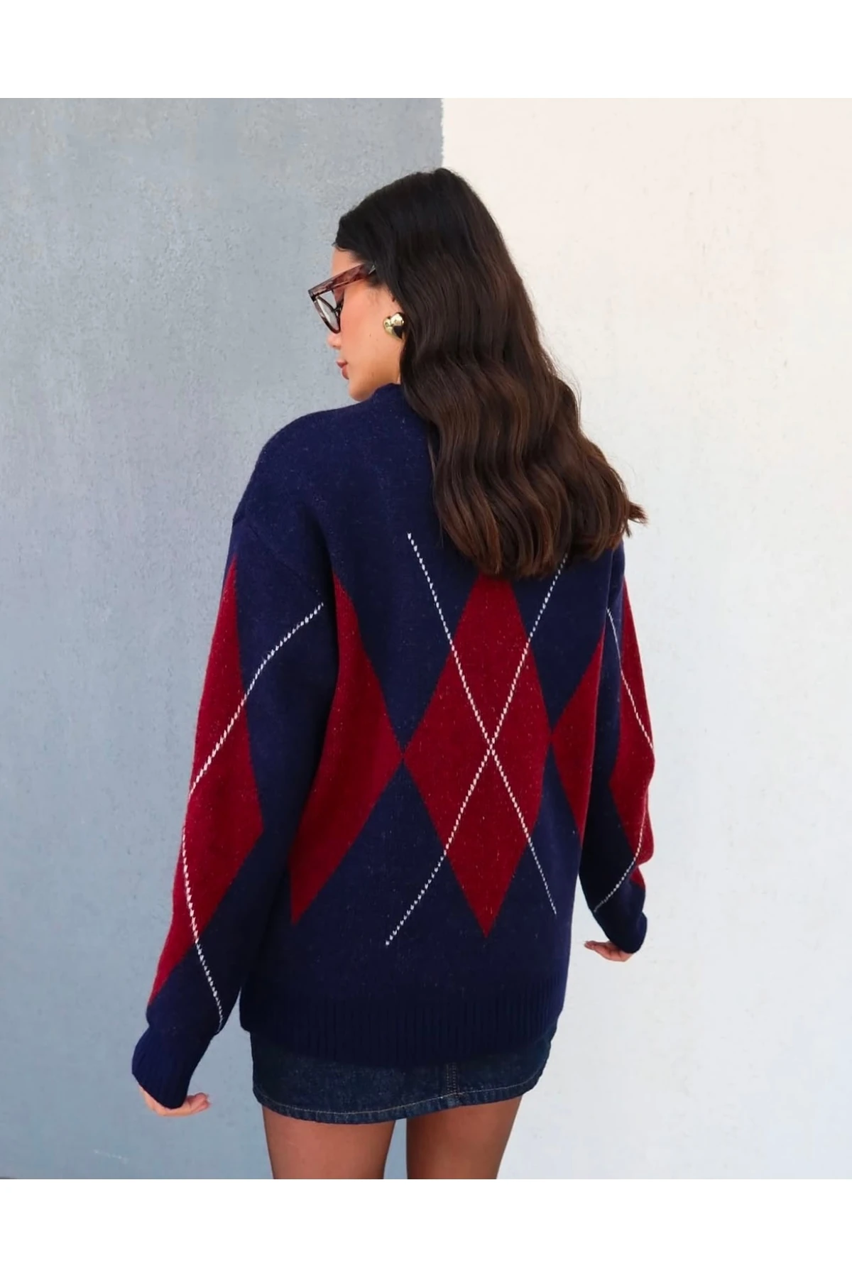 Lacivert Baklava Desen Oversize Triko Kazak