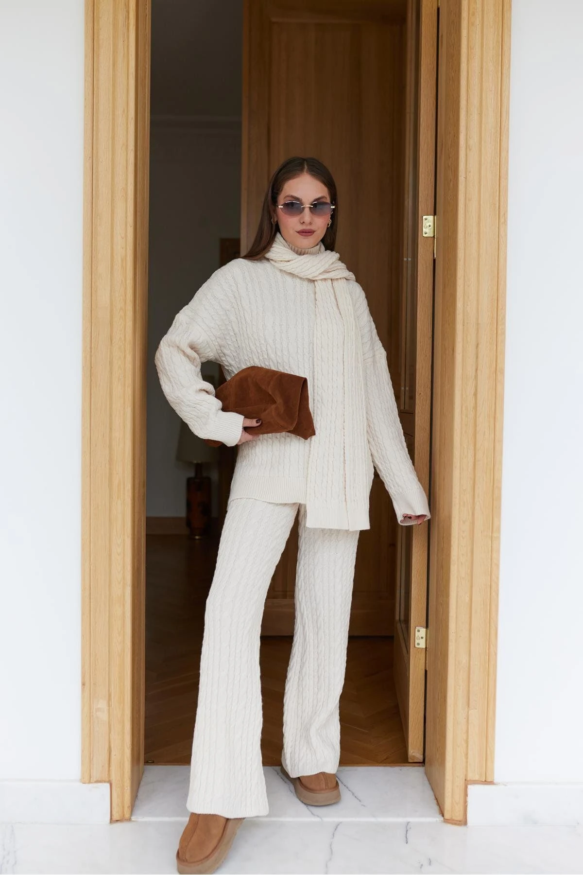 Aurane Bordo Atkılı Saç Örgülü Triko Pantolon Takım - krem