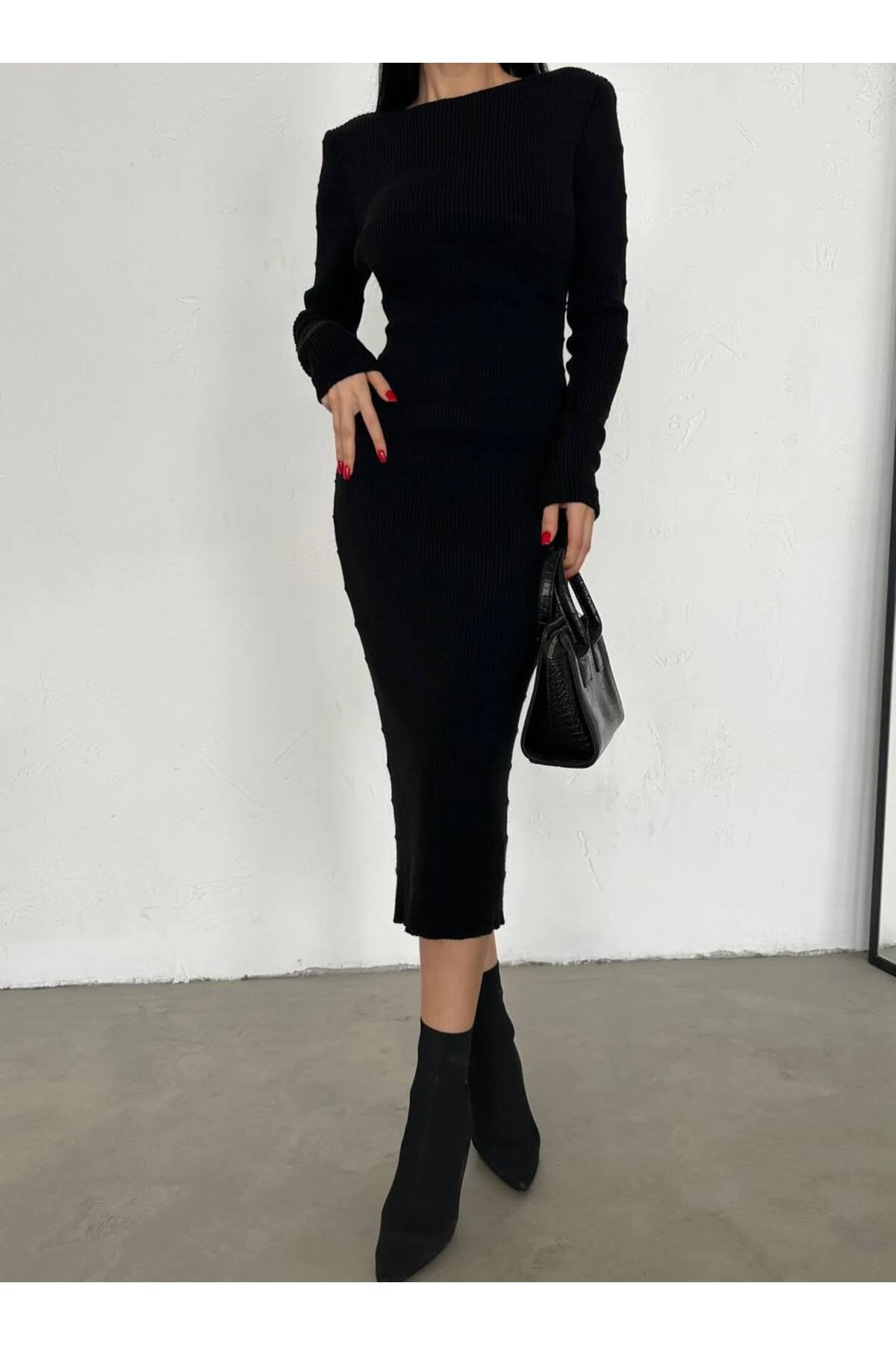 DGN'S ÖRGÜ (GOFRA) CİZGİLİ SLİM KADIN TRİKO ELBİSE