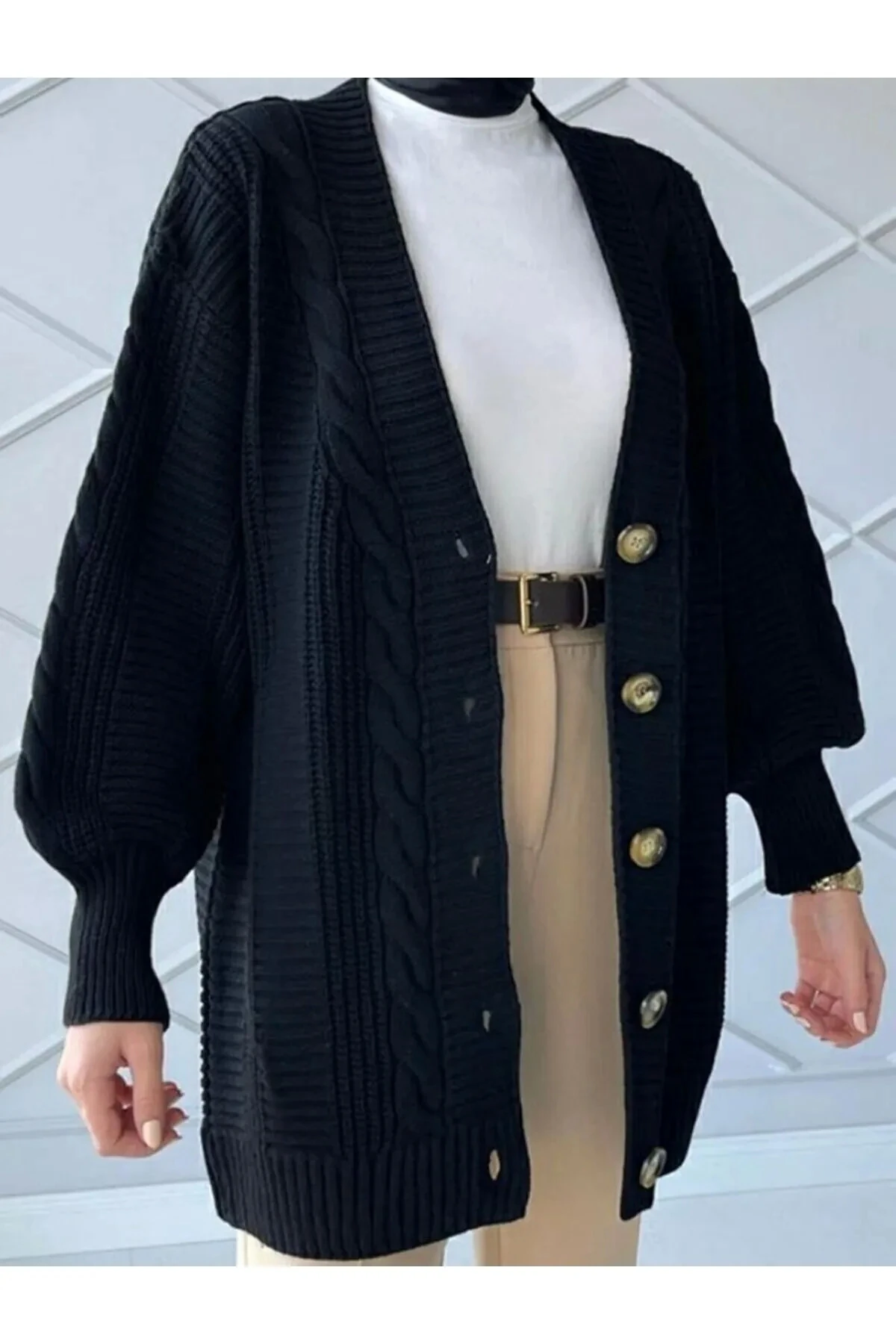 Saç Örgü Desen Triko Hırka Siyah