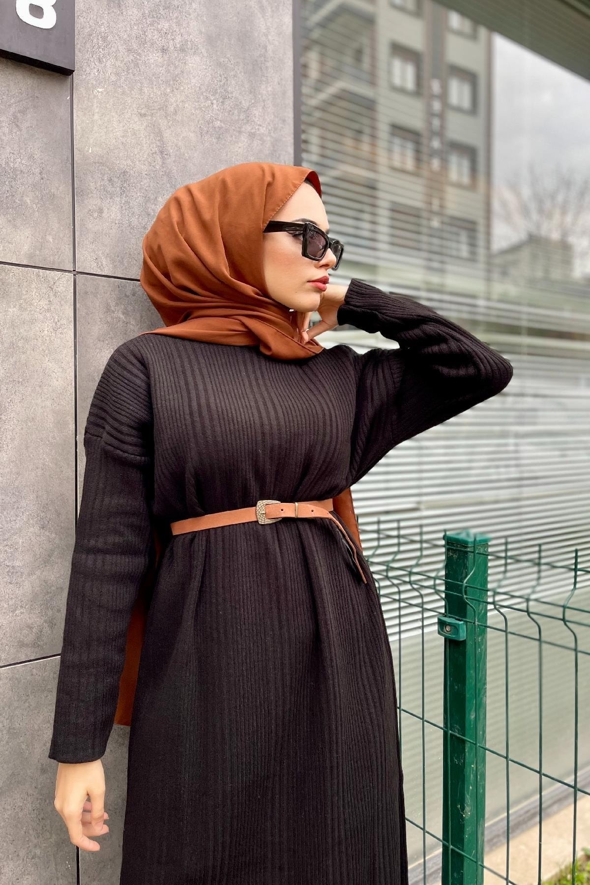 Fitilli Triko Elbise Siyah