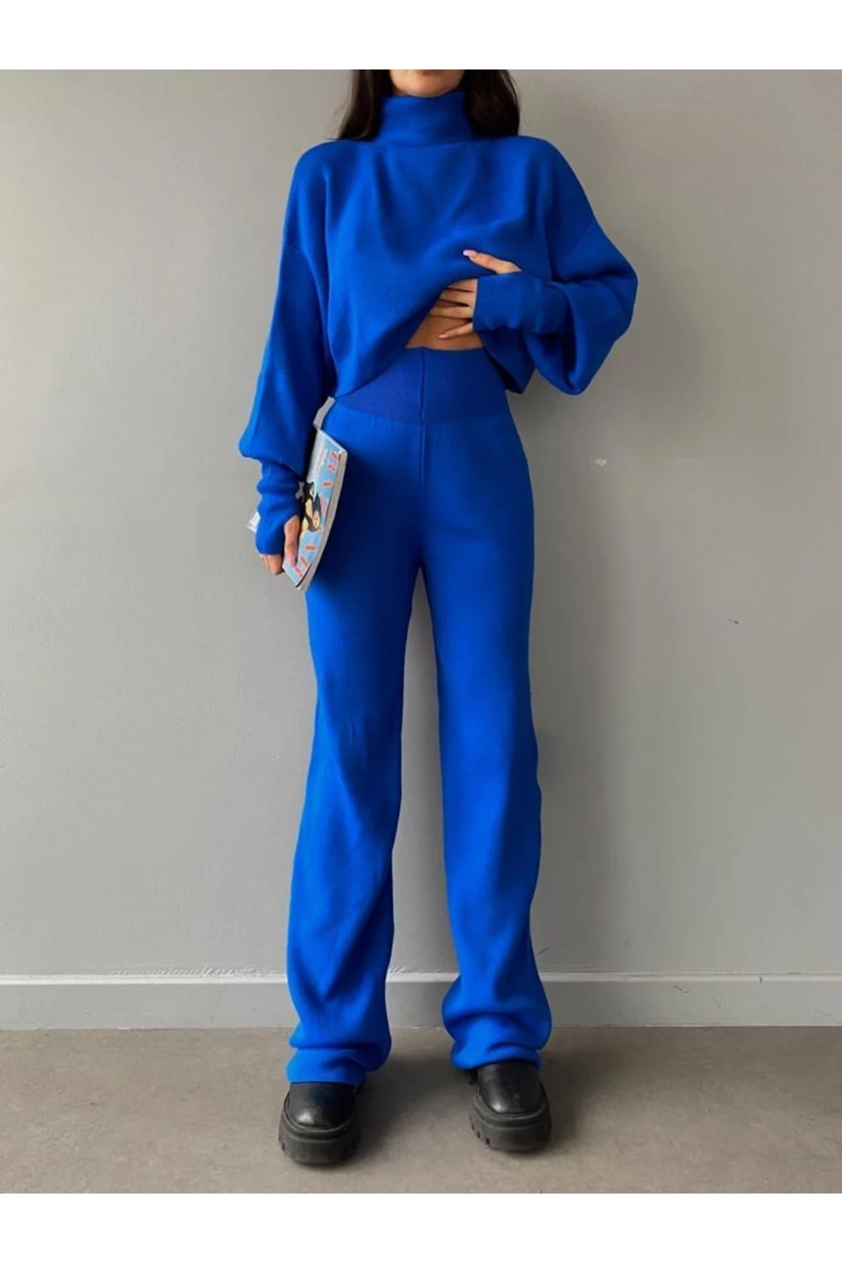 Mooi Butik Balıkçı Yaka Parmak Geçirmeli Alt-üst Sartre Takım 2978 - Mavi