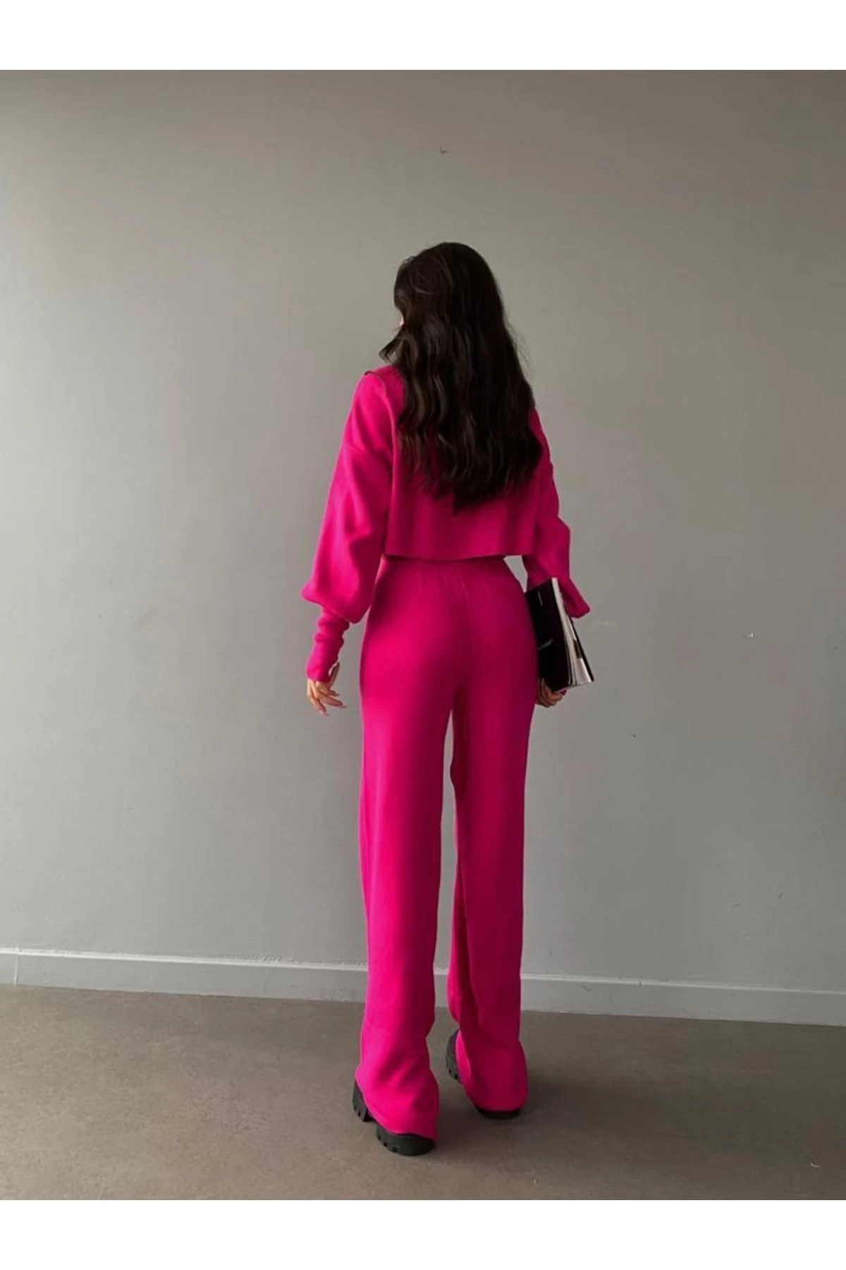 Mooi Butik Balıkçı Yaka Parmak Geçirmeli Alt-Üst Sartre Takım 2978 - Fuşya