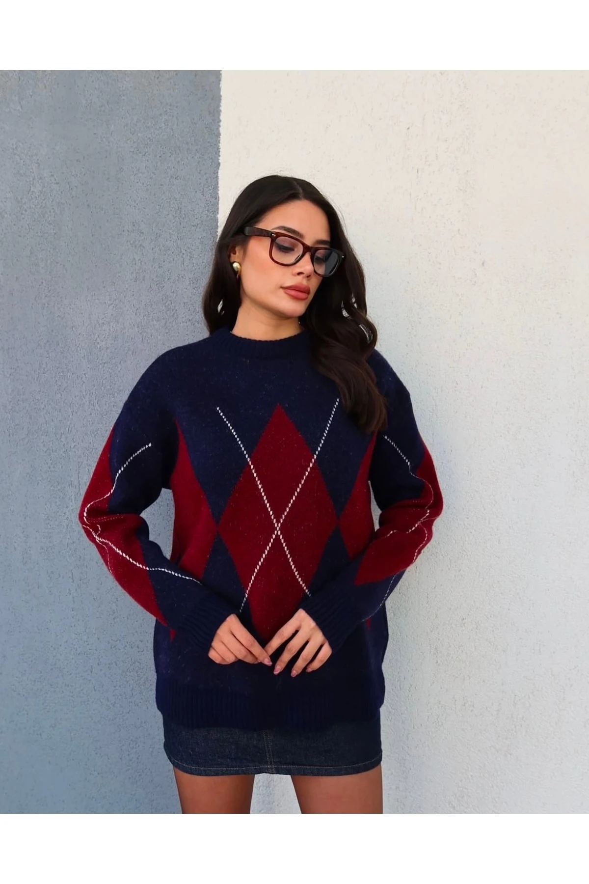 Lacivert Baklava Desen Oversize Triko Kazak