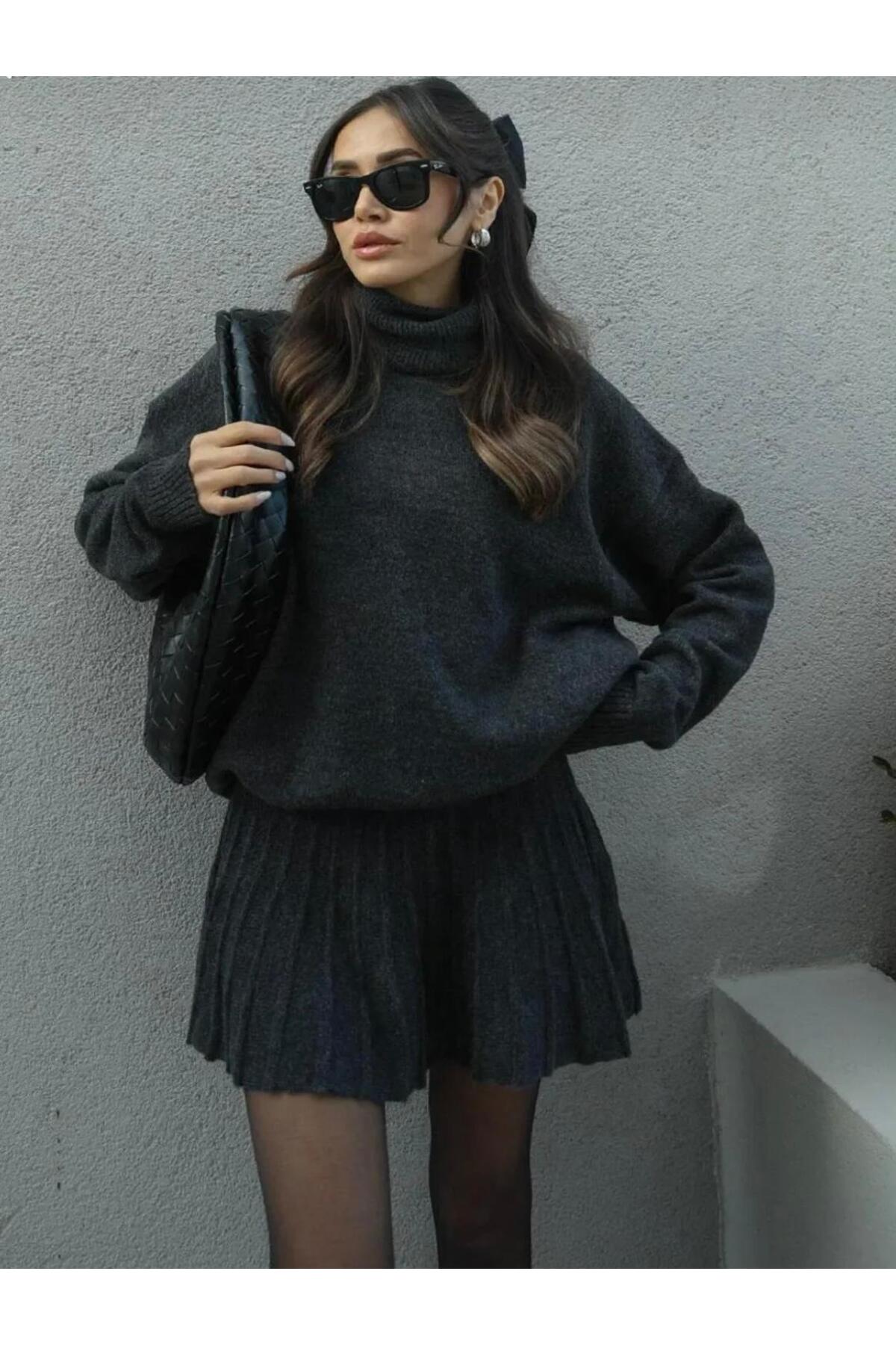 DGN'S 2'Lİ PİLİSELİ ETEK - BOĞAZLI KAZAK KADIN TRİKO ETEKLİ ALT ÜST TAKIM