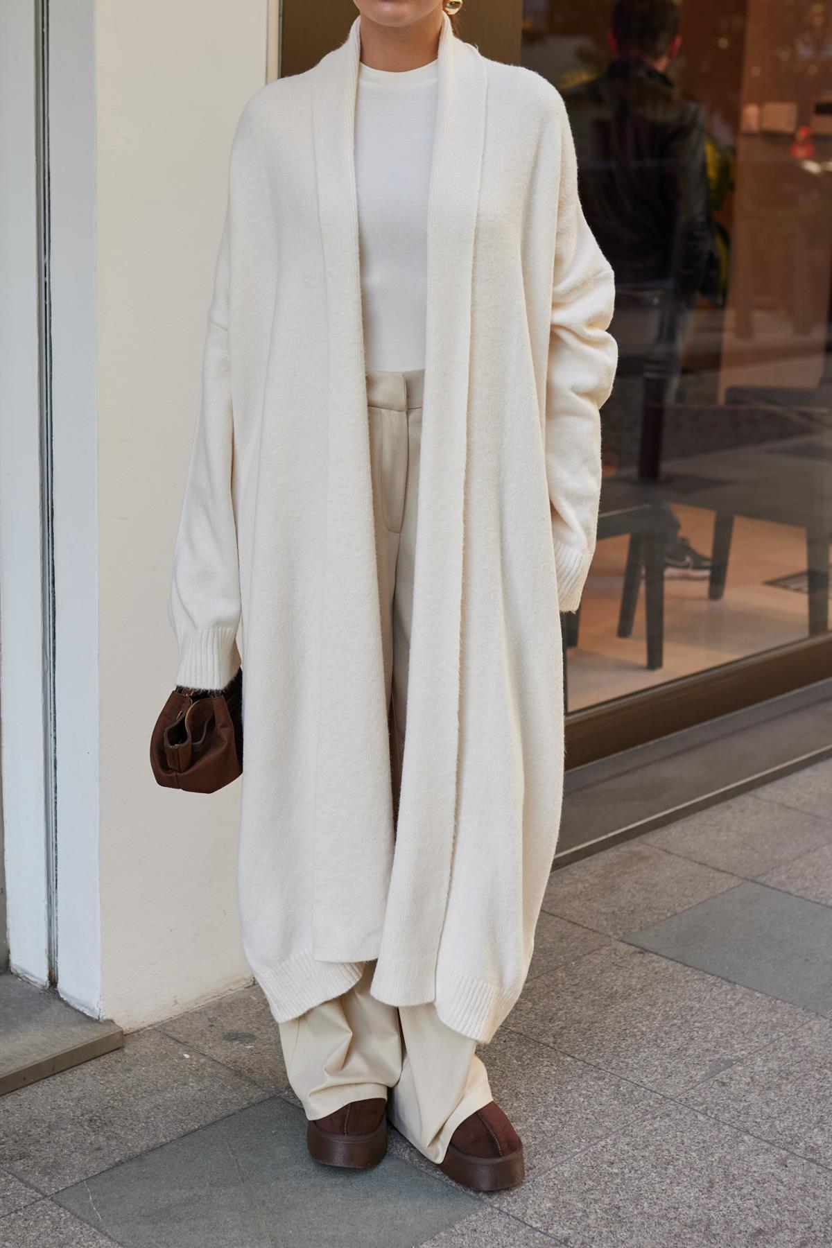 Acı Kahve Şal Yaka Uzun Hırka - krem