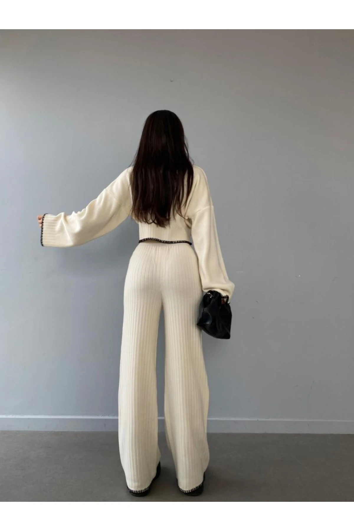 Mooi Butik El Işi Dikiş Detaylı Triko Agatha Takım 8193 - Ekru