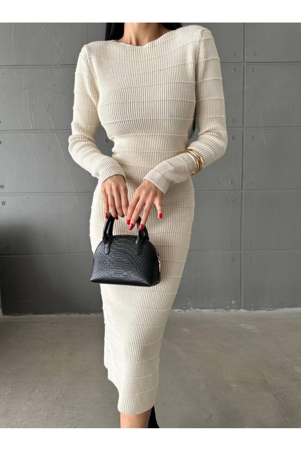 DGN'S ÖRGÜ (GOFRA) CİZGİLİ SLİM KADIN TRİKO ELBİSE