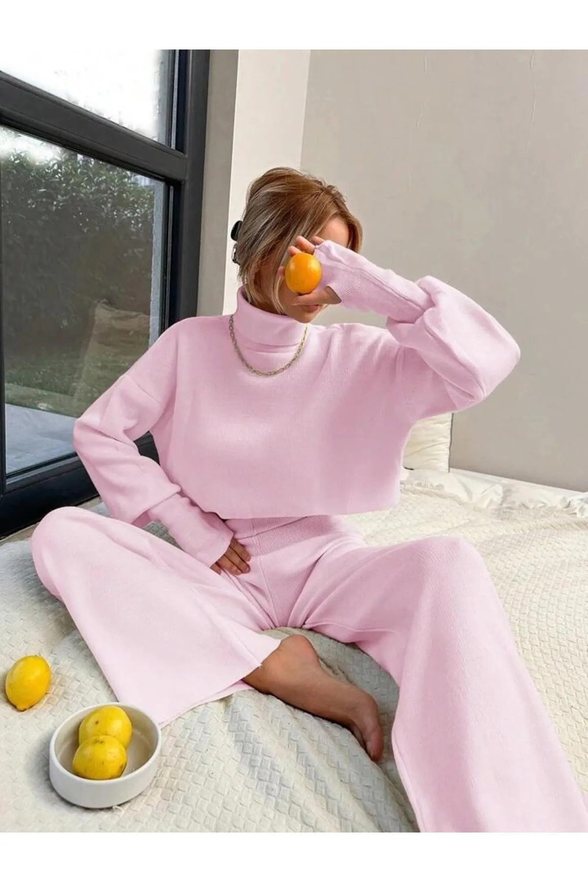 Dgn's Parmak Geçmeli Boğazlı 2'li Crop-pantolon Takım