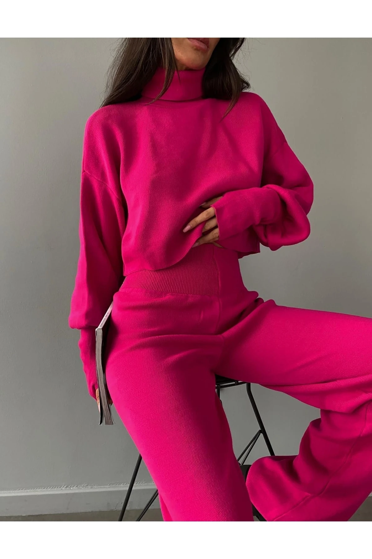 Mooi Butik Balıkçı Yaka Parmak Geçirmeli Alt-Üst Sartre Takım 2978 - Fuşya