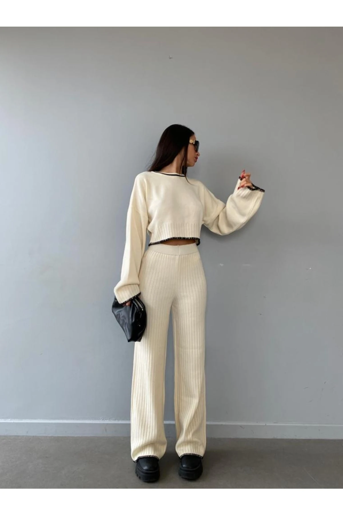 Mooi Butik El Işi Dikiş Detaylı Triko Agatha Takım 8193 - Ekru