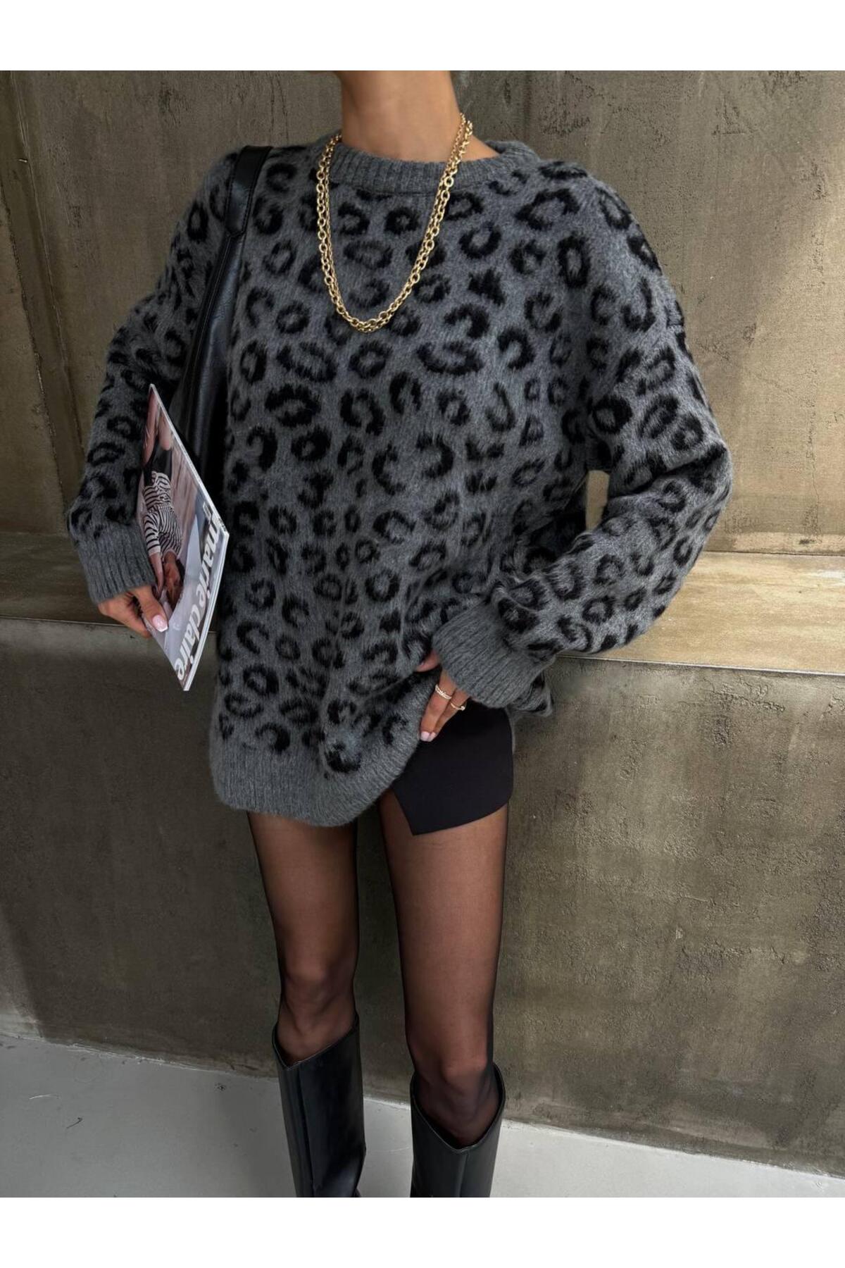 DGN'S LEOPAR DESENLİ BİSİKLET YAKA KADIN UZUN TRİKO KAZAK