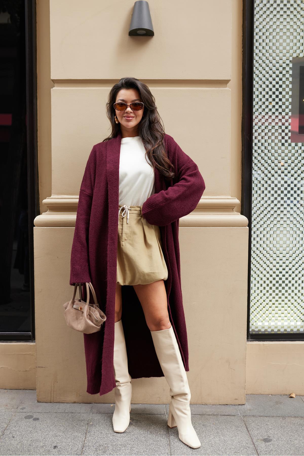 Acı Kahve Şal Yaka Uzun Hırka - bordo