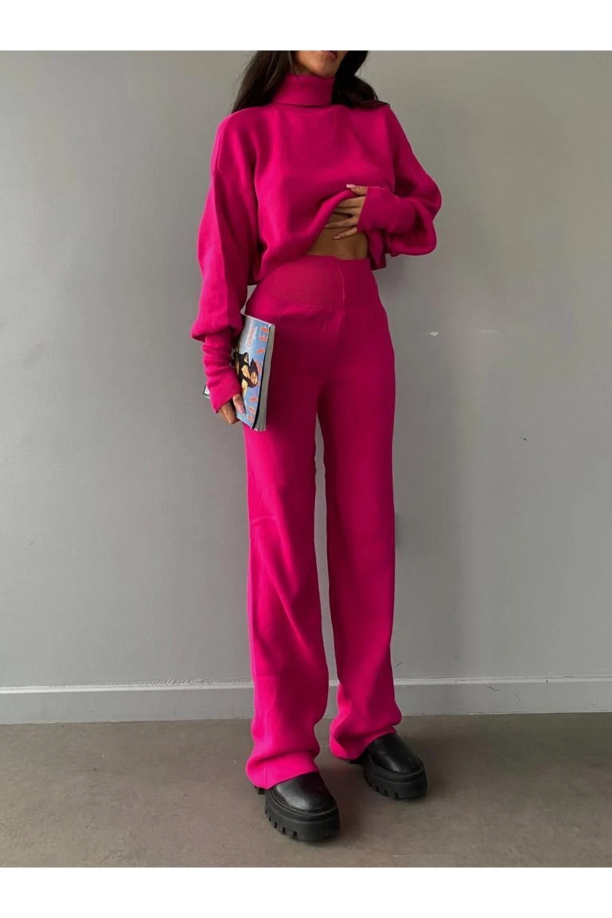 Mooi Butik Balıkçı Yaka Parmak Geçirmeli Alt-Üst Sartre Takım 2978 - Fuşya