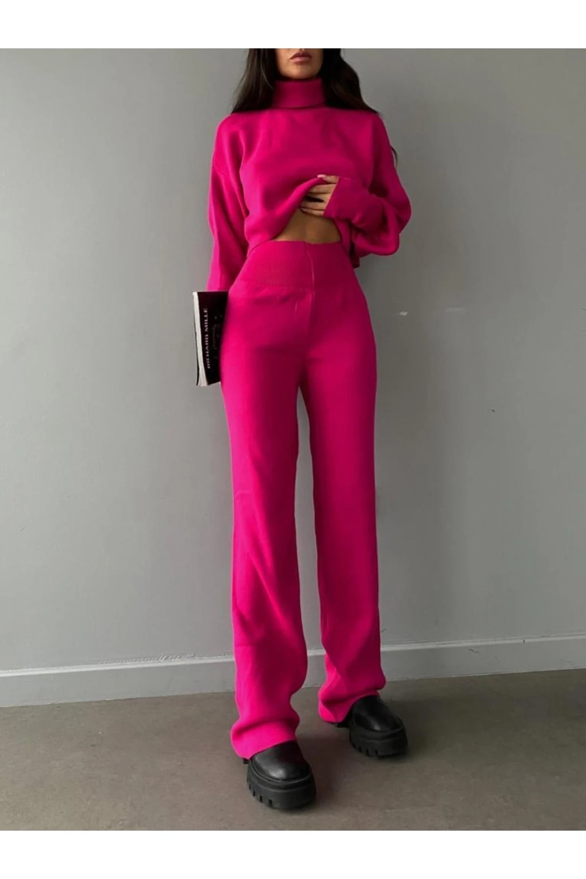 Mooi Butik Balıkçı Yaka Parmak Geçirmeli Alt-Üst Sartre Takım 2978 - Fuşya