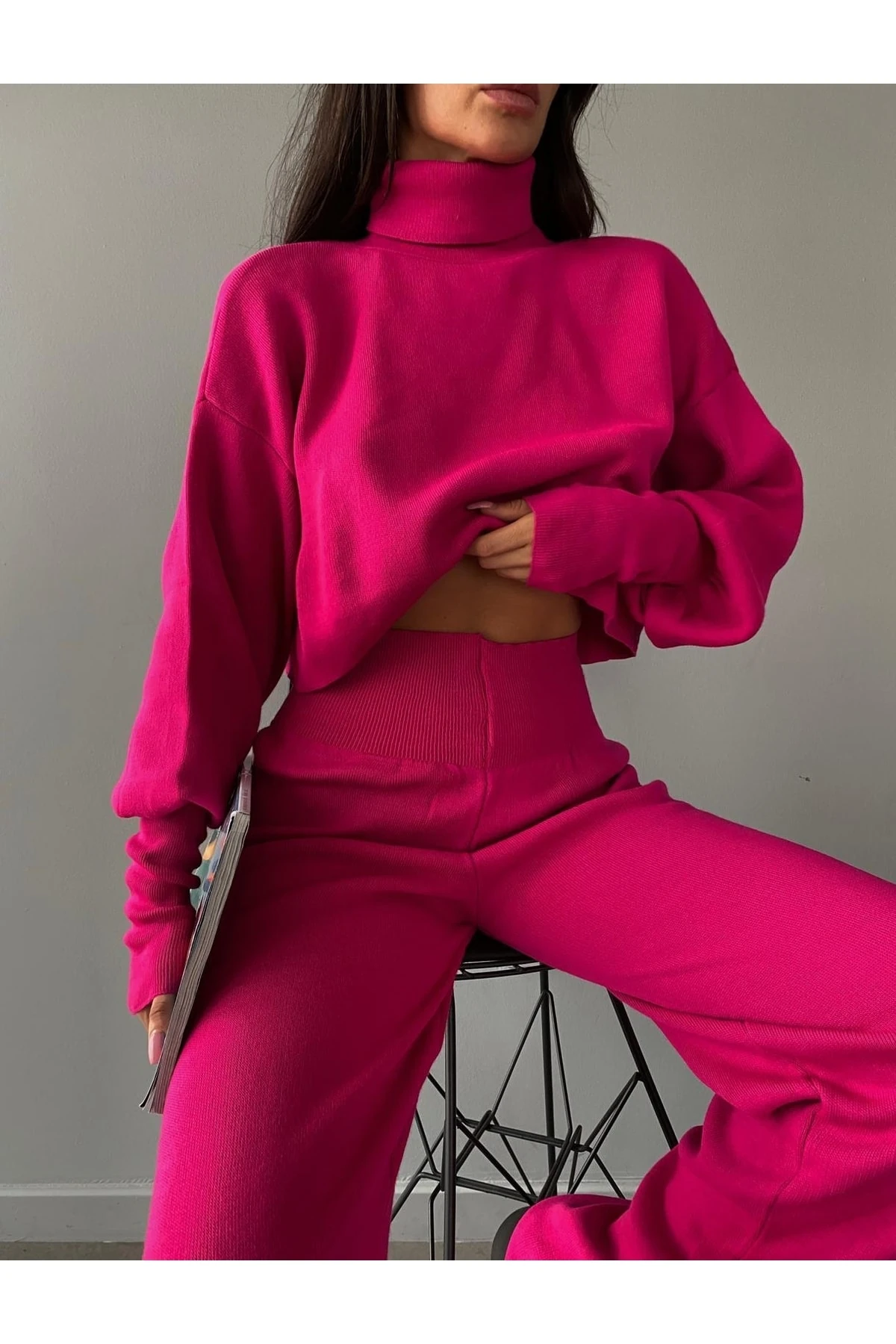 Mooi Butik Balıkçı Yaka Parmak Geçirmeli Alt-Üst Sartre Takım 2978 - Fuşya