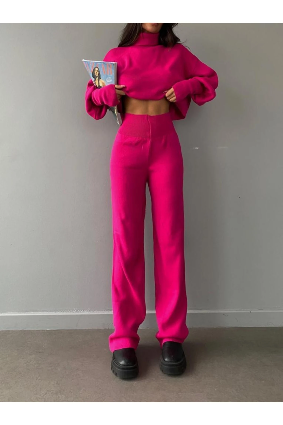 Mooi Butik Balıkçı Yaka Parmak Geçirmeli Alt-Üst Sartre Takım 2978 - Fuşya