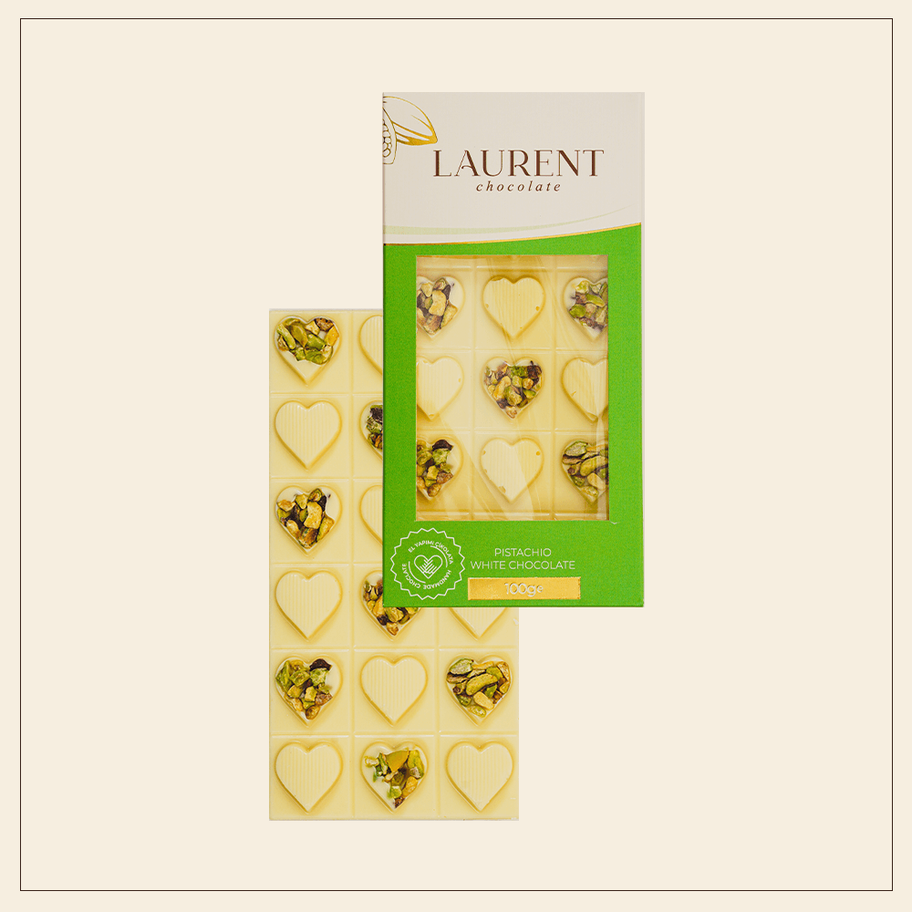 Antep Fıstıklı Beyaz Çikolata Kalpli 100 gr | Laurent Chocolate 