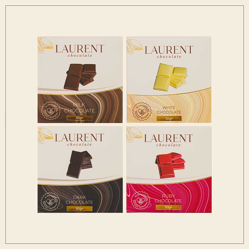 4'lü Kare Tablet Çikolata - 50gr (Ruby, Beyaz, Sütlü, Bitter )| Laurent Chocolate