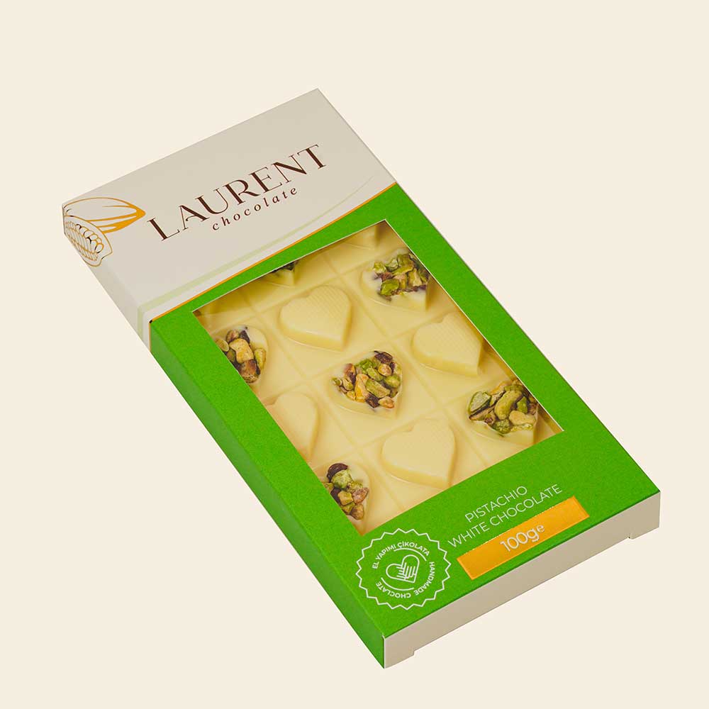 Antep Fıstıklı Beyaz Çikolata Kalpli 100 gr | Laurent Chocolate 